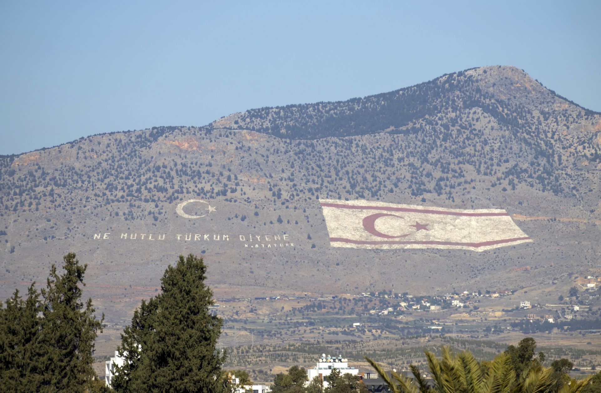A massive flag of the self-proclaimed Turkish Republic of North Cyprus is seen on Dec. 28, 2023, in Nicosia, Cyprus.