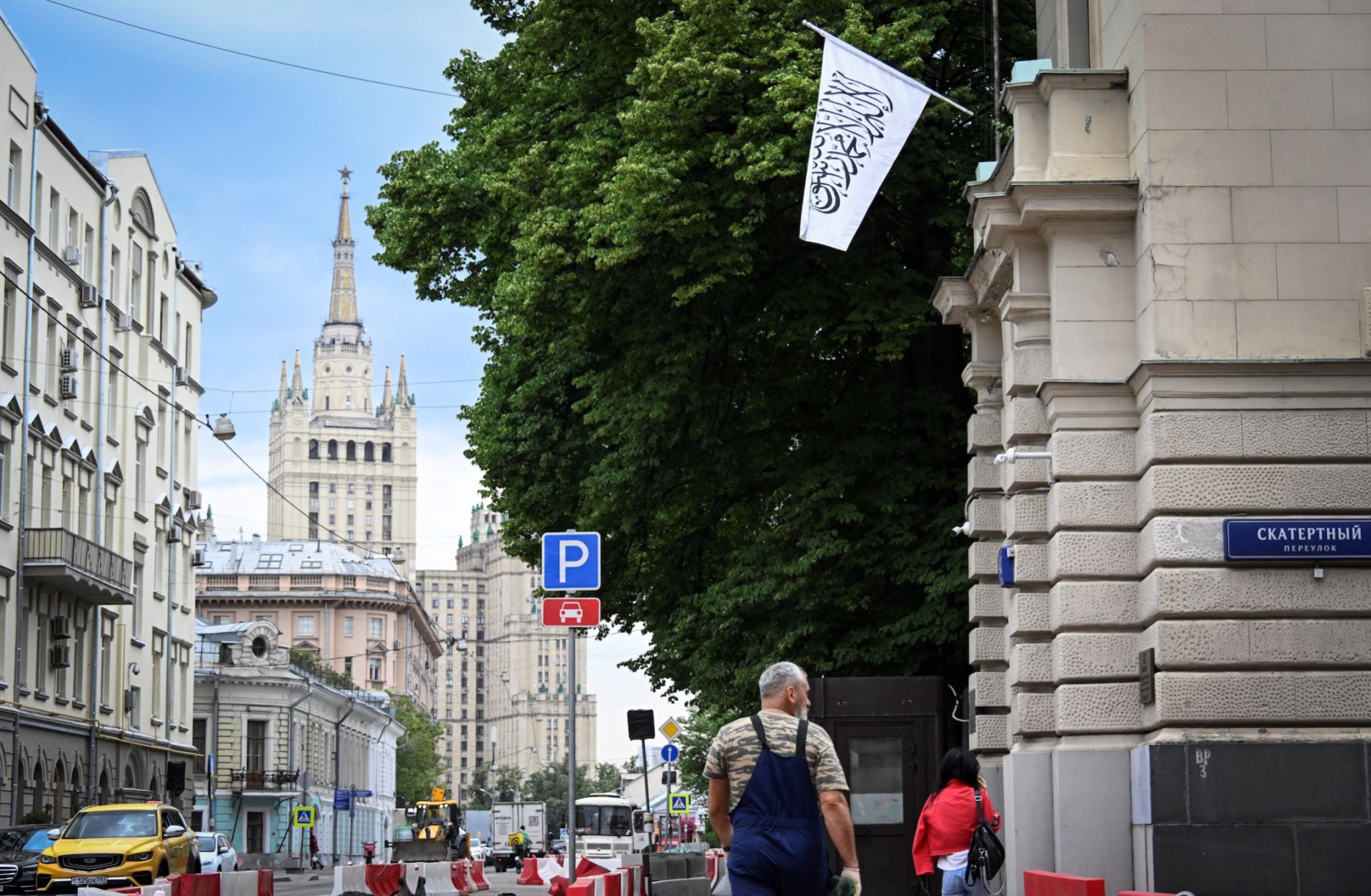 The flag of Afghanistan sits on the Afghan embassy in Moscow on July 4, 2025. 