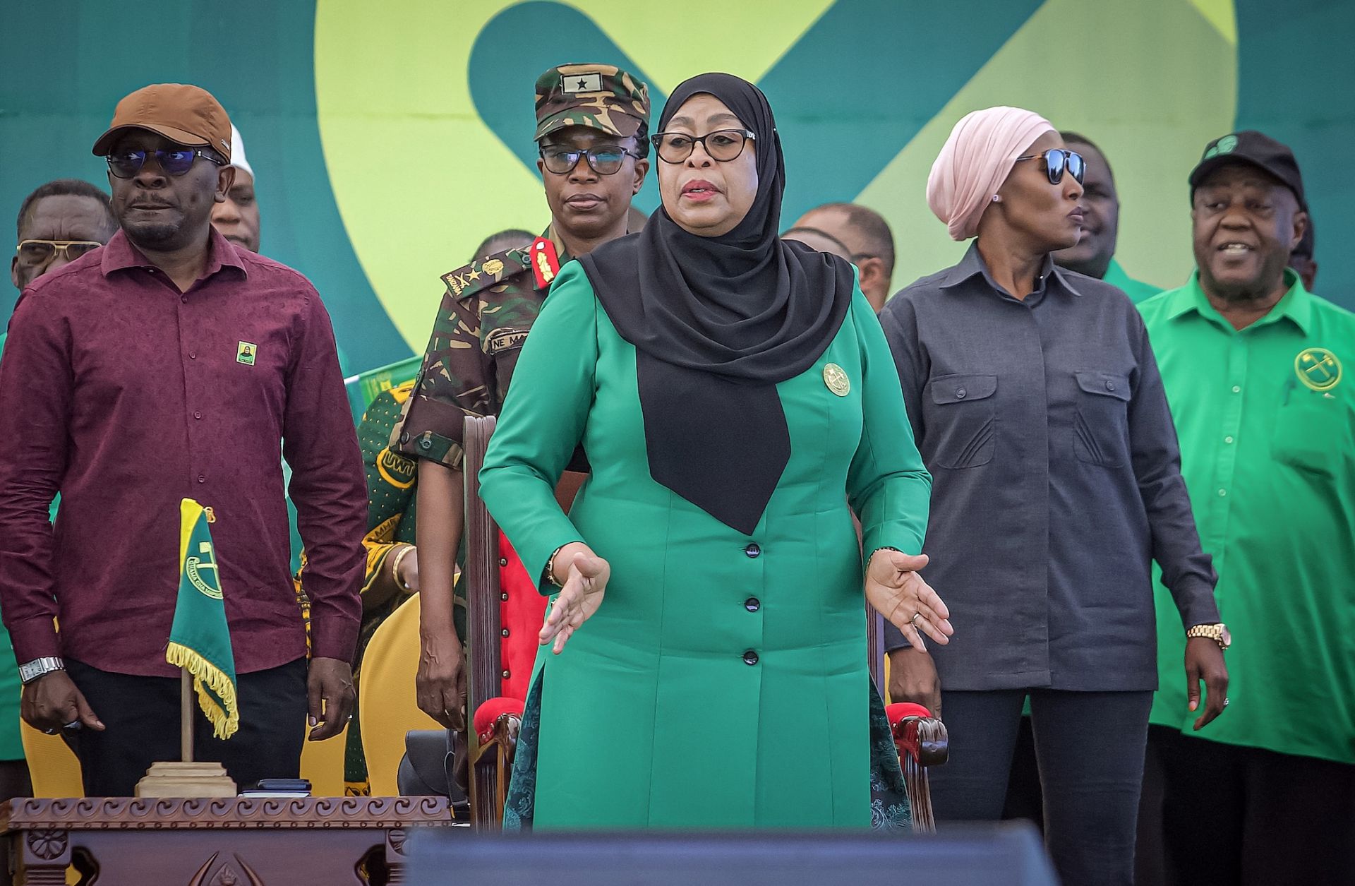 Tanzanian President Samia Suluhu Hassan of the ruling Chama Cha Mapinduzi (CCM) party reacts on stage during a rally in Dar es Salaam on Aug. 28, 2025, to officially launch the CCM's campaign ahead of the Tanzanian general election. Tanzanian President Samia Suluhu Hassan of the ruling Chama Cha Mapinduzi (CCM) party reacts on stage during a rally in Dar es Salaam on Aug. 28, 2025, to officially launch the CCM's campaign ahead of the Tanzanian general election.
