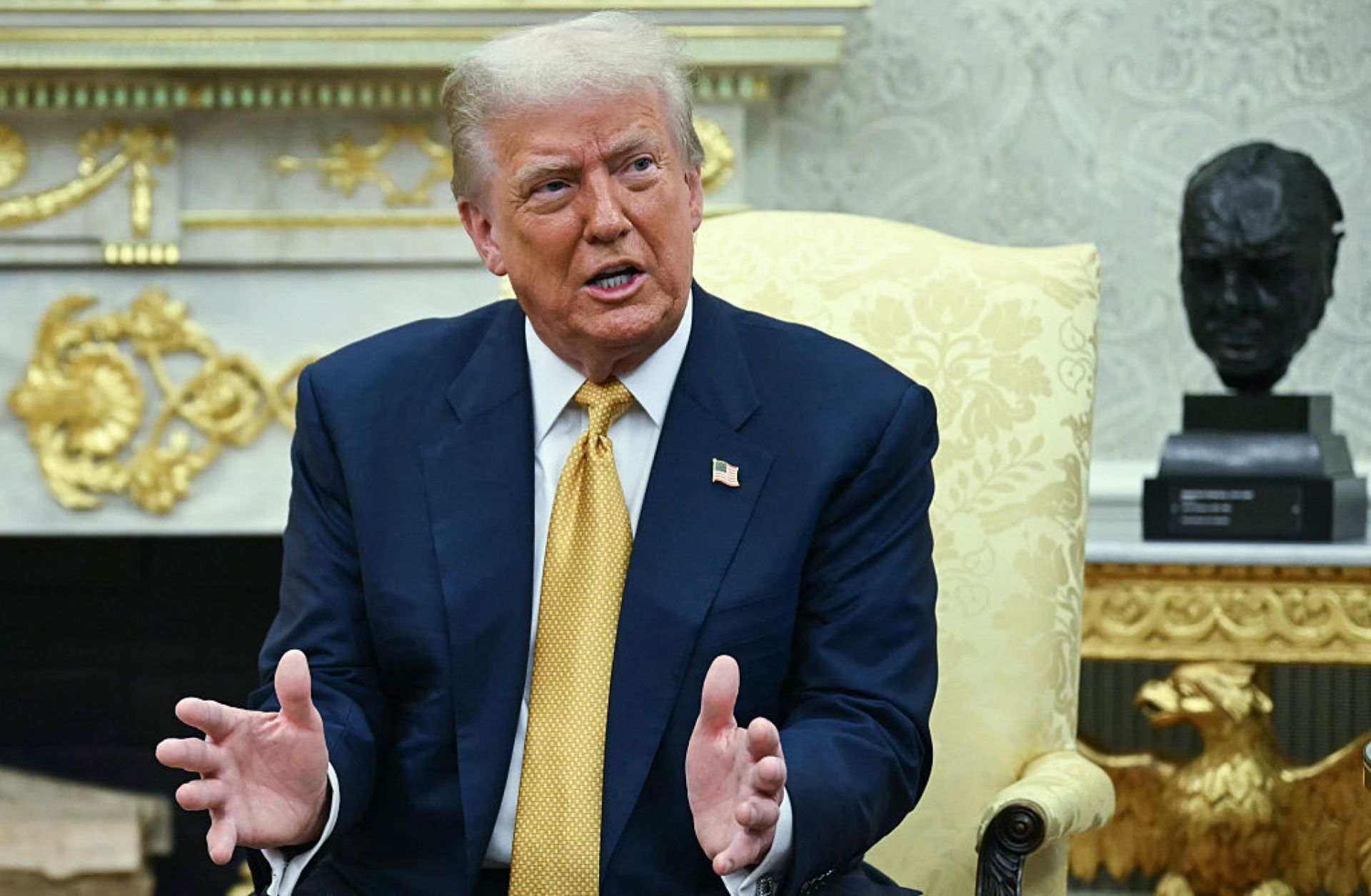 U.S. President Donald Trump speaks during a meeting with Philippine President Ferdinand Marcos Jr. in the Oval Office of the White House on July 22, 2025. 