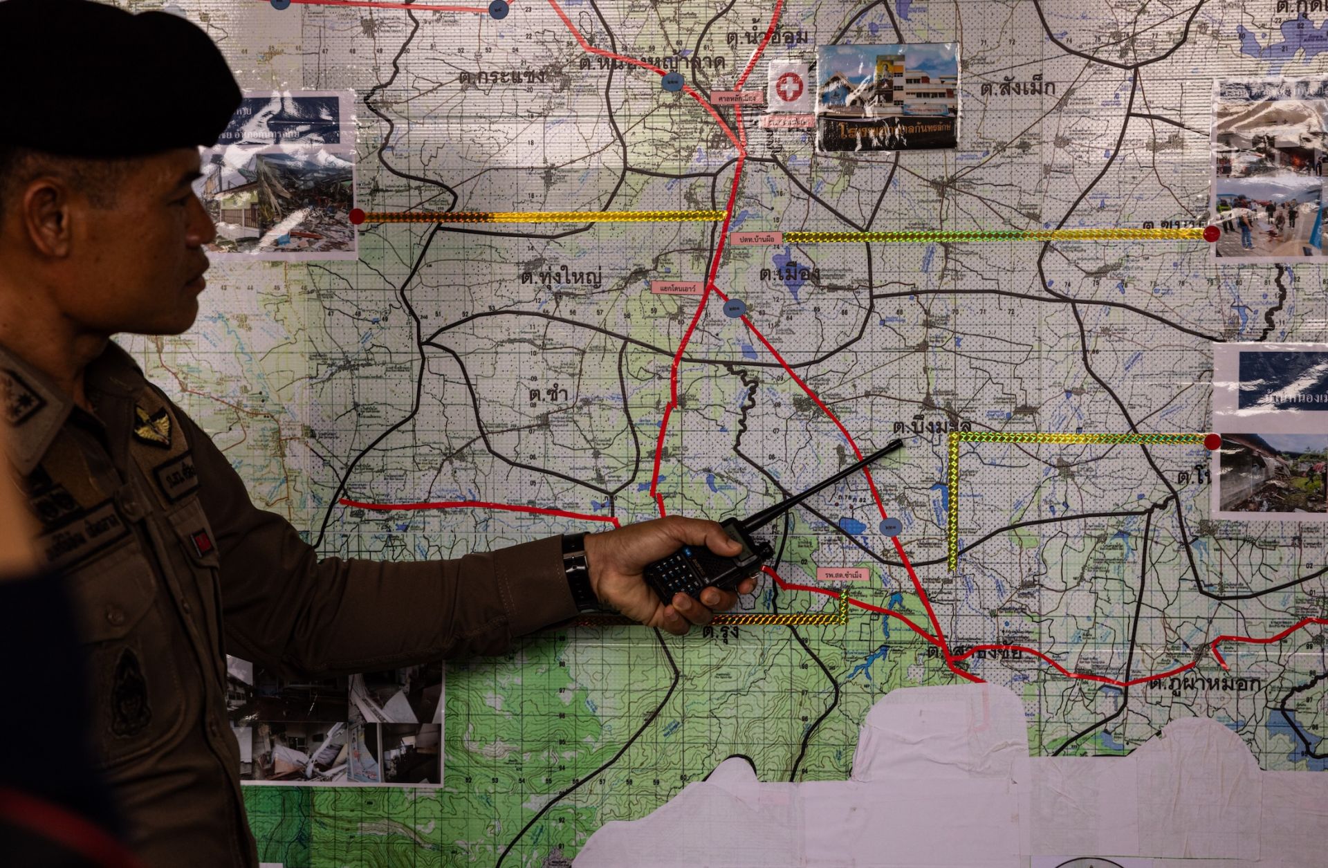 A Thai soldier points out an area on a map near the Cambodian border during a press visit on Aug. 16, 2025, in Sisaket, Thailand. A Thai soldier points out an area on a map near the Cambodian border during a press visit on Aug. 16, 2025, in Sisaket, Thailand.