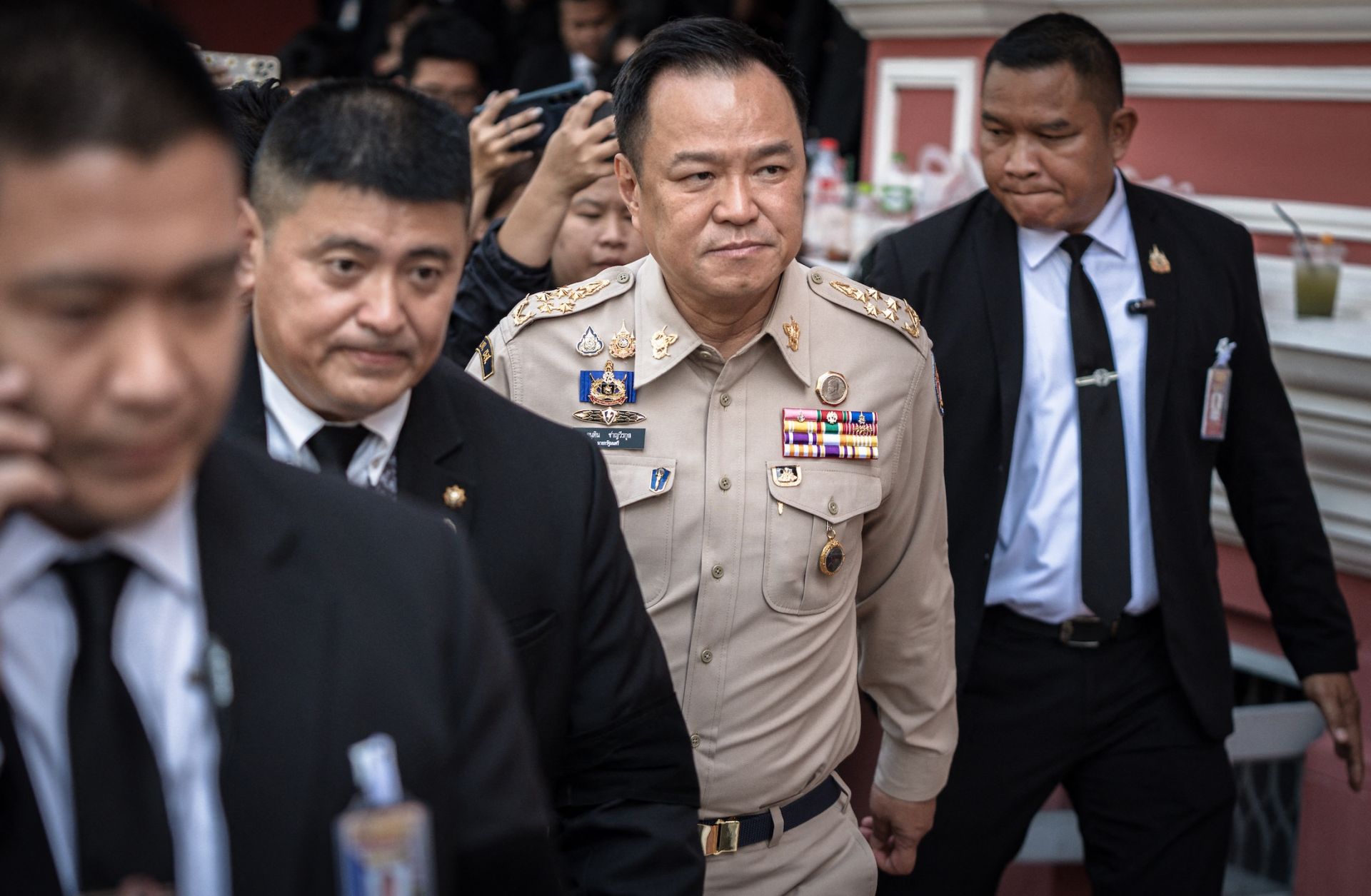Thailand's Prime Minister Anutin Charnvirakul (C) after chairing a National Security Council on Nov. 11 in Bangkok.