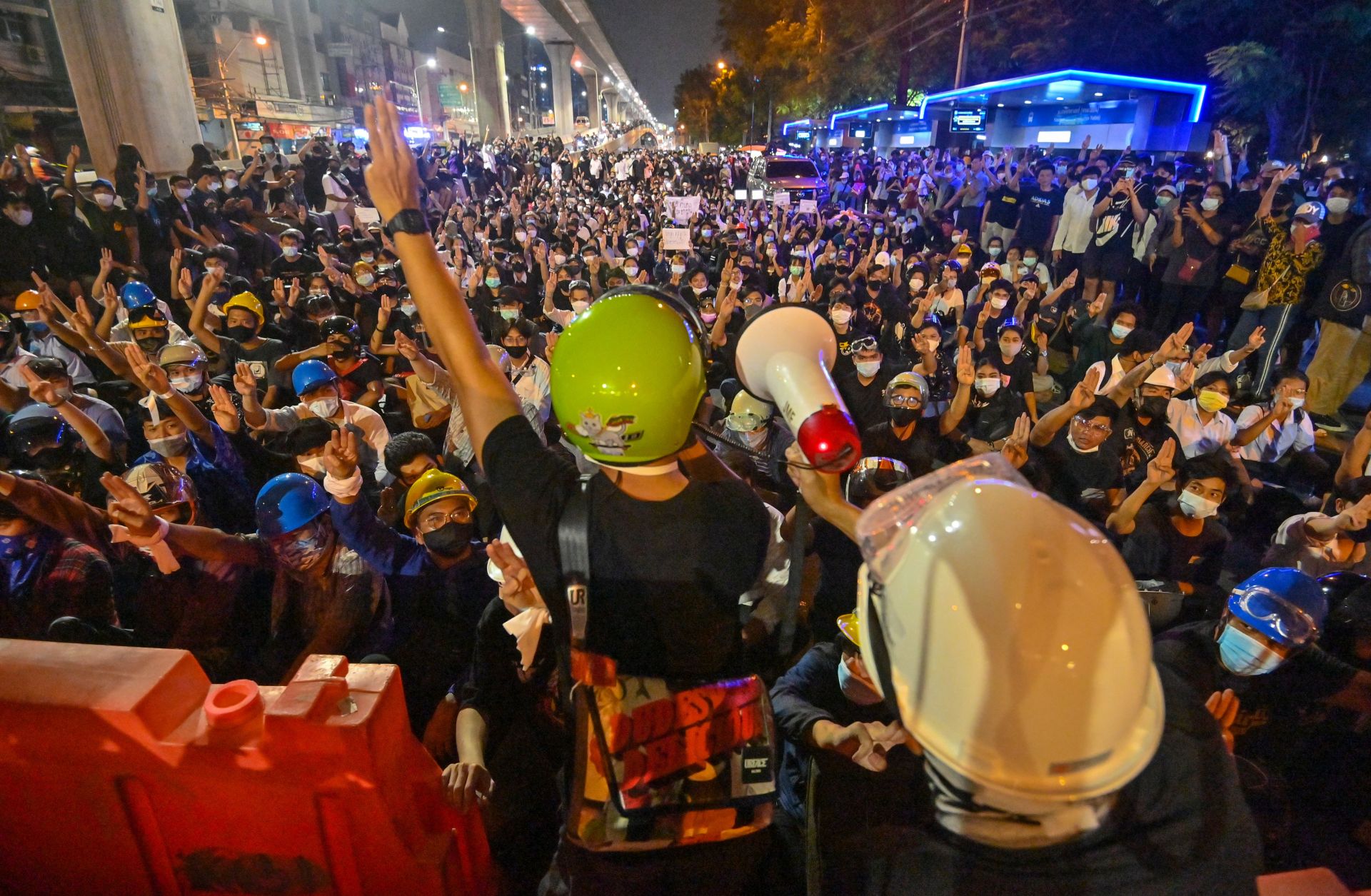 A protester uses a loudspeaker to talk to the crowd during an anti-government rally in Bangkok, Thailand, on Oct. 19, 2020. A protester uses a loudspeaker to talk to the crowd during an anti-government rally in Bangkok, Thailand, on Oct. 19, 2020.