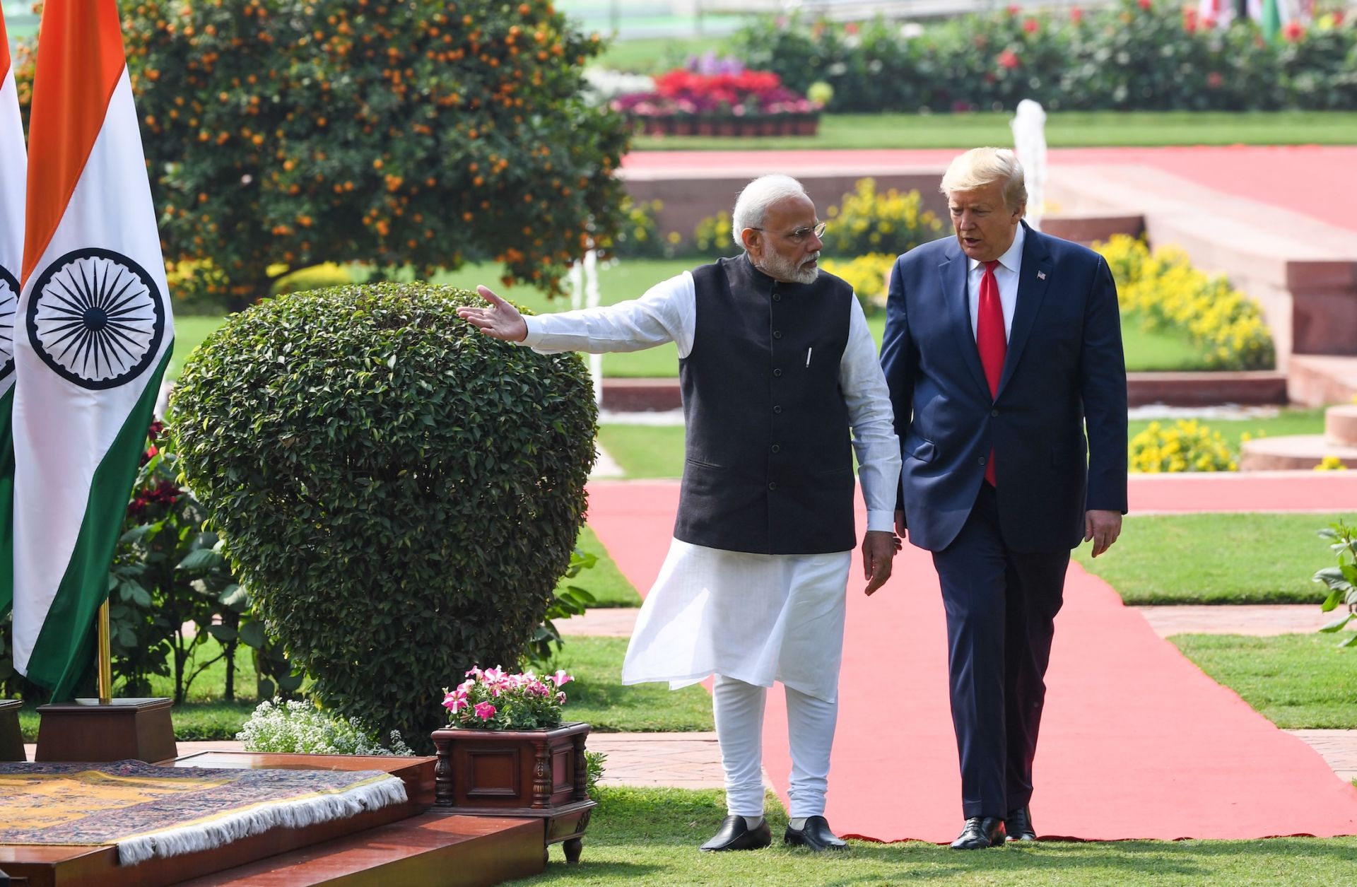 U.S. President-elect Donald Trump (R) and India's Prime Minister Narendra Modi (L) arrive for a joint press conference at Hyderabad House in New Delhi, India, on Feb. 25, 2020.