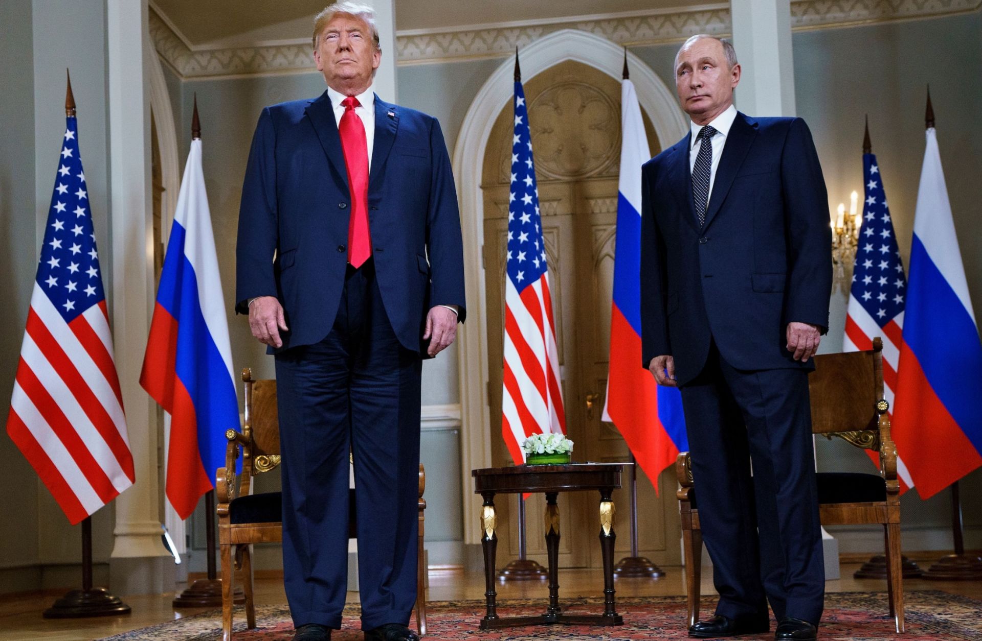 U.S. President Donald Trump (left) and Russian President Vladimir Putin pose ahead of a meeting in Helsinki, Finland, on July 16, 2018. U.S. President Donald Trump (left) and Russian President Vladimir Putin pose ahead of a meeting in Helsinki, Finland, on July 16, 2018.