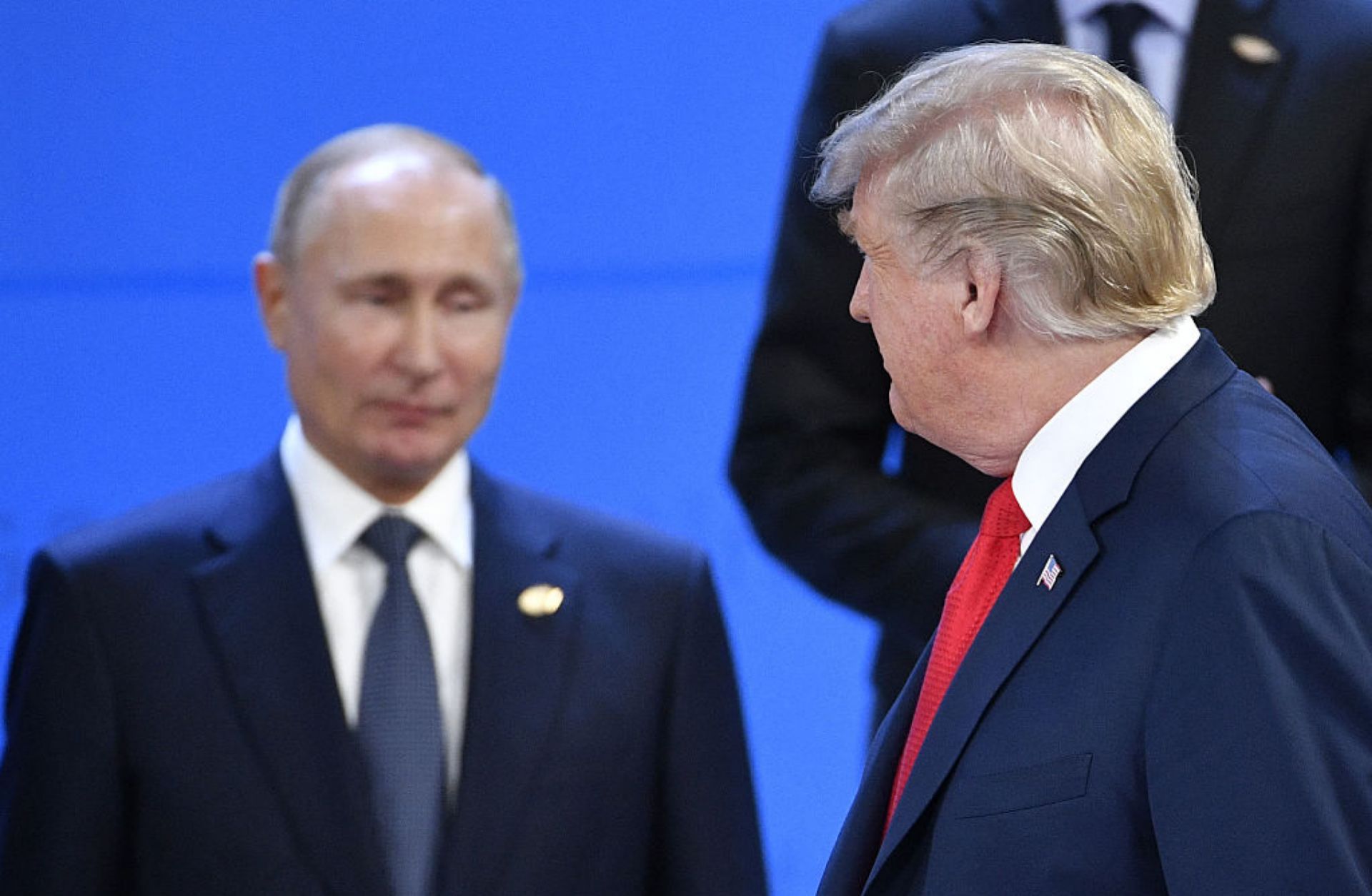 U.S. President Donald Trump (R) looks at Russia's President Vladimir Putin on Nov. 30, 2018, during the G20 Leaders' Summit in Buenos Aires, Argentina.