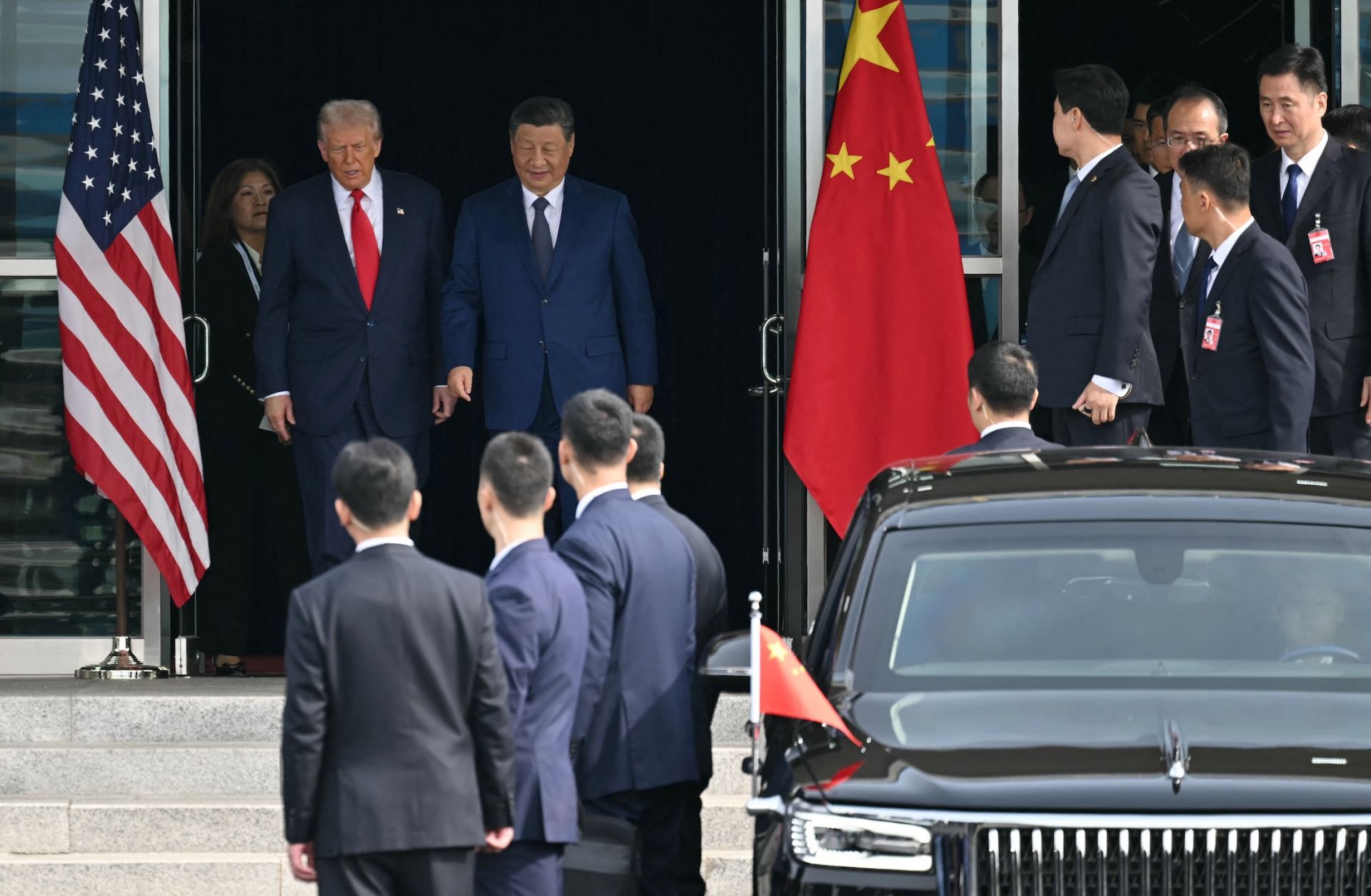 U.S. President Donald Trump (L) and China's President Xi Jinping leave after their talks at the Gimhae Air Base, in Busan, South Korea, on Oct. 30, 2025.  U.S. President Donald Trump (L) and China's President Xi Jinping leave after their talks at the Gimhae Air Base, in Busan, South Korea, on Oct. 30, 2025.