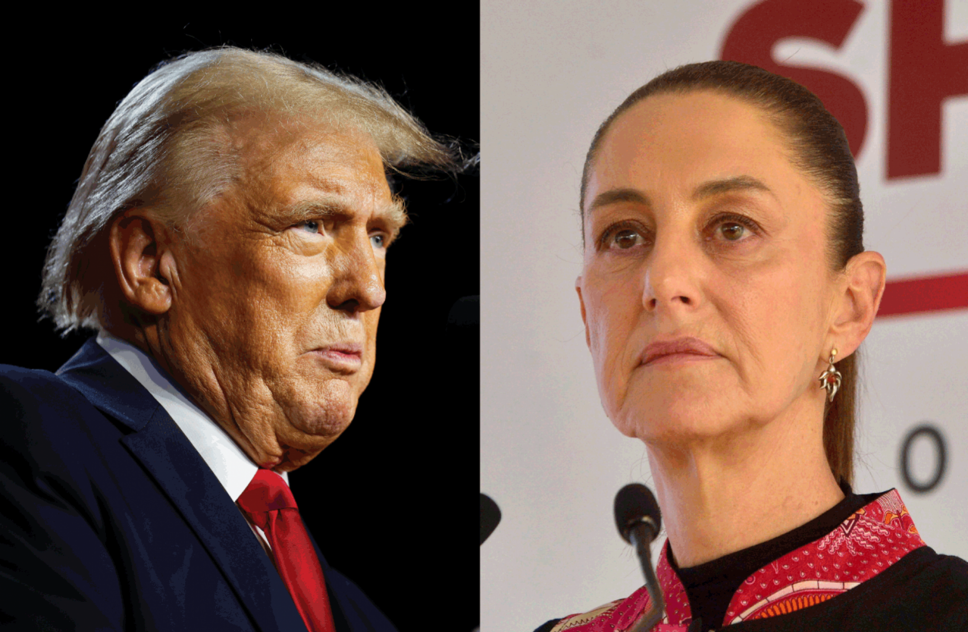 A combination of photos shows U.S. President-elect Donald Trump (left) speaking at an event in West Palm Beach, Florida, and Mexican President Claudia Sheinbaum (right) holding a press conference in Mexico City, Mexico.