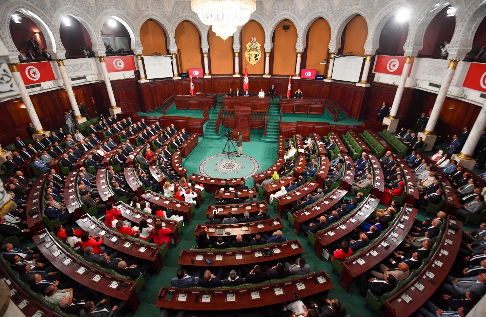 Tunisia's President Kais Saied (top-R) waits to take his oath of office during his swearing-in ceremony before the National Assembly in Tunis on Oct. 21, 2024. Tunisia's President Kais Saied (top-R) waits to take his oath of office during his swearing-in ceremony before the National Assembly in Tunis on Oct. 21, 2024.