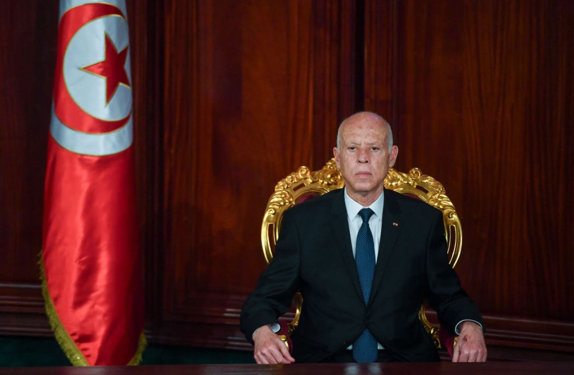 Tunisian President Kais Saied attends his swearing-in ceremony before the National Assembly in Tunis on Oct. 21, 2024.