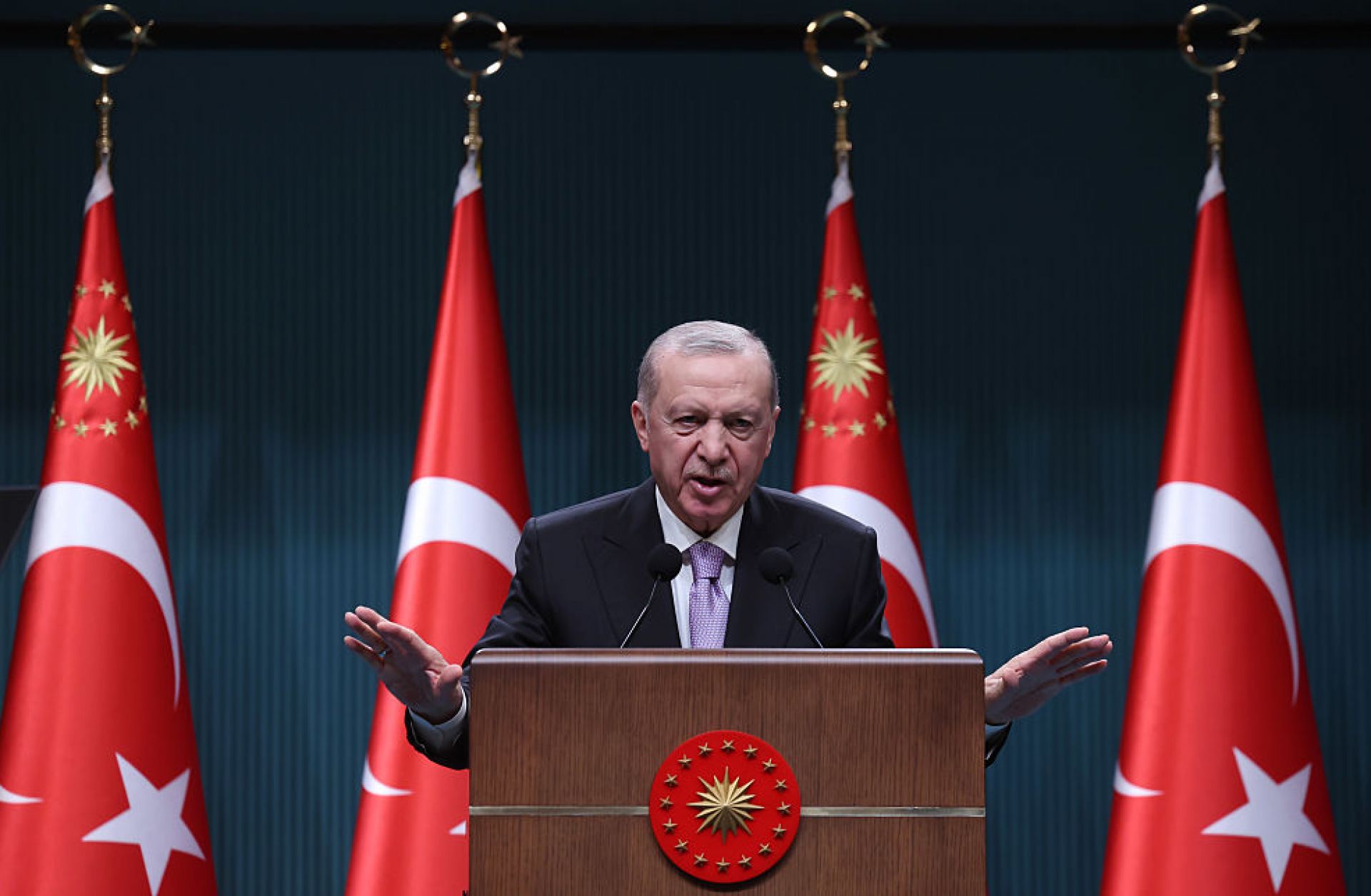 Turkish President Recep Tayyip Erdogan speaks after the Presidential Cabinet meeting on May 12, 2025, in Istanbul, Turkey.