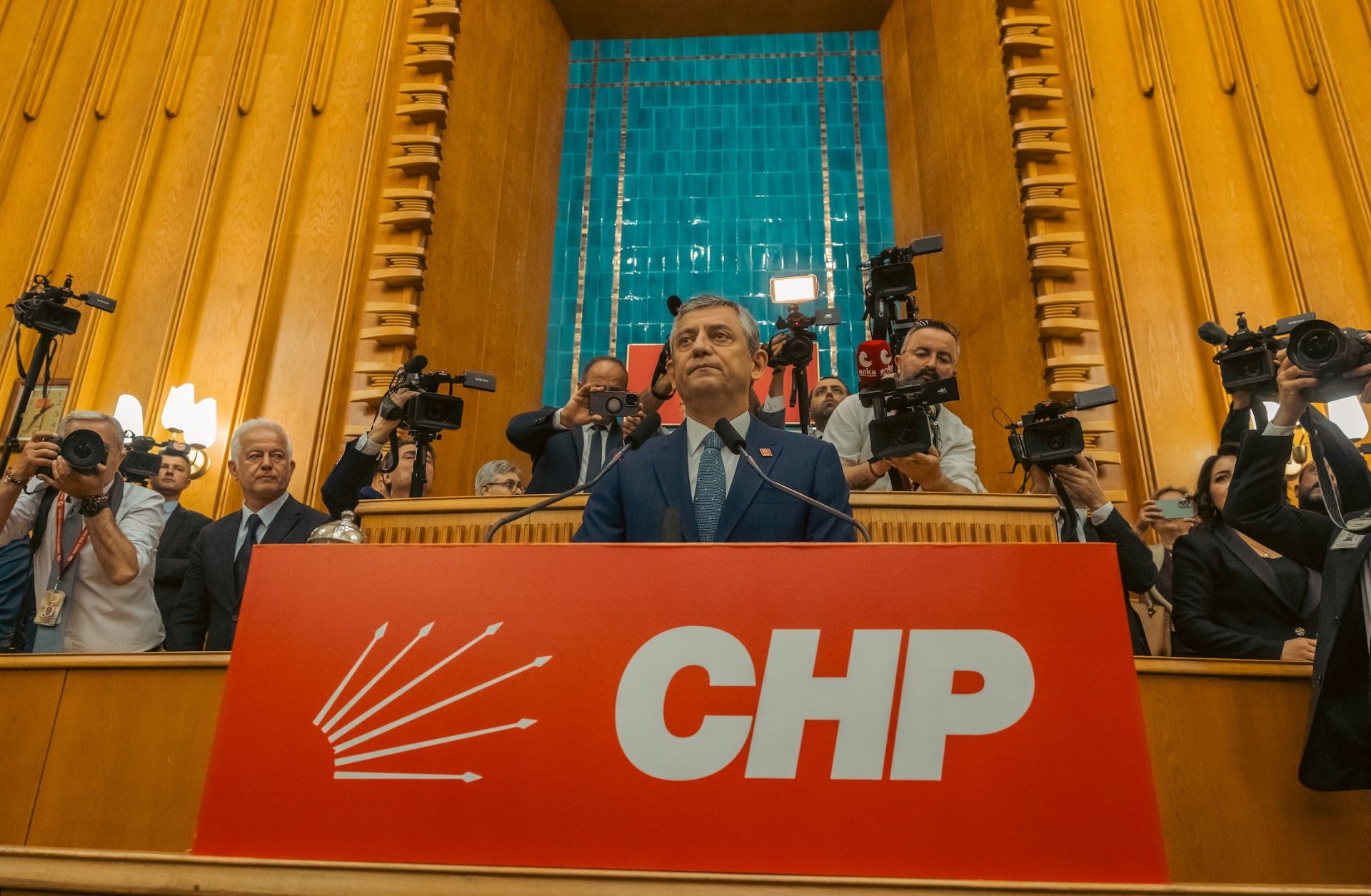 The ousted chair of Turkey's opposition Republican People’s Party, Ozgur Ozel, addresses lawmakers during his party's group meeting in the Turkish parliament on June 2, 2026, in Ankara, Turkey. 