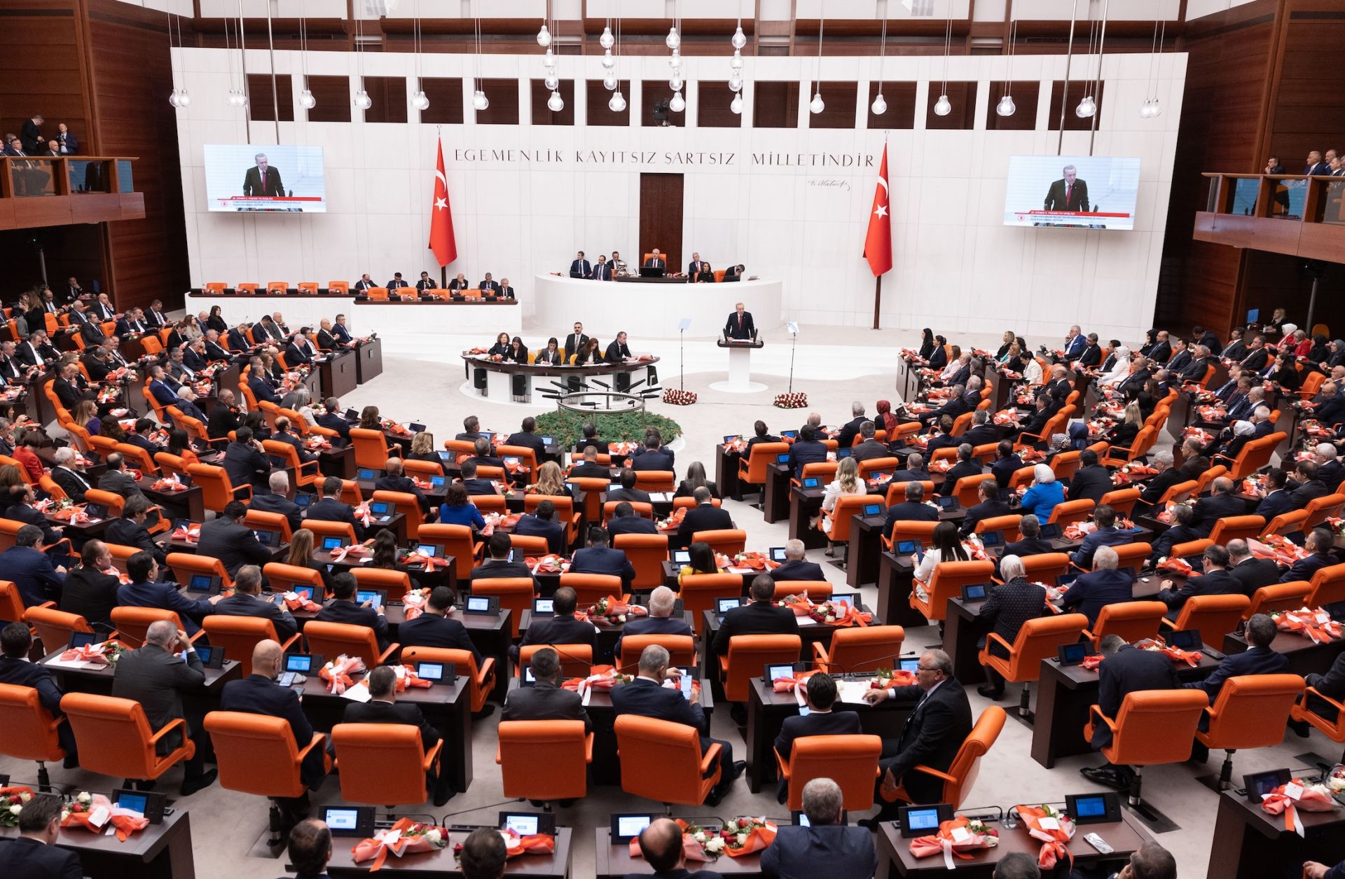 Turkish President Recep Tayyip Erdogan addresses Turkey's parliament on Oct. 1, 2024, in Ankara. 