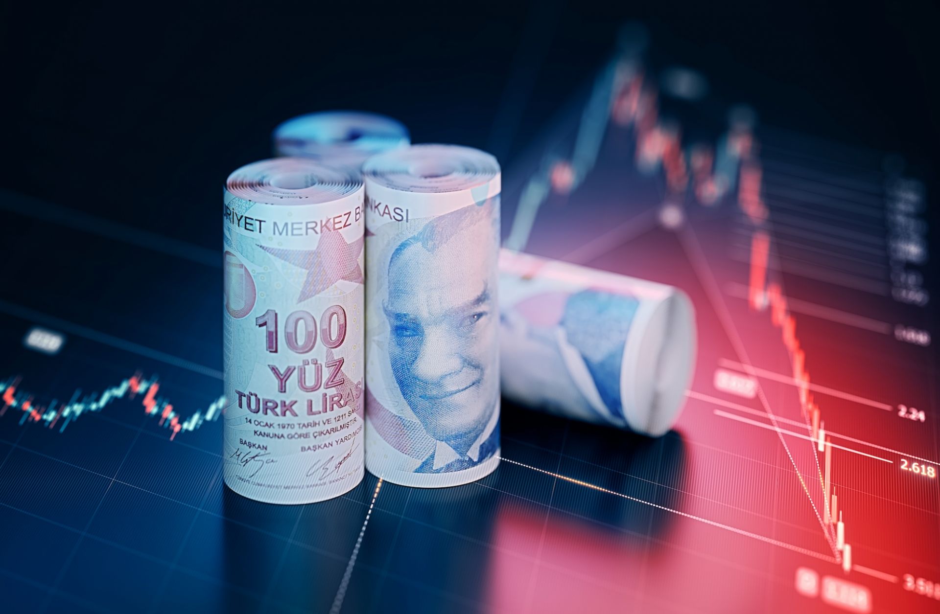Turkish lira bills over a financial chart background.