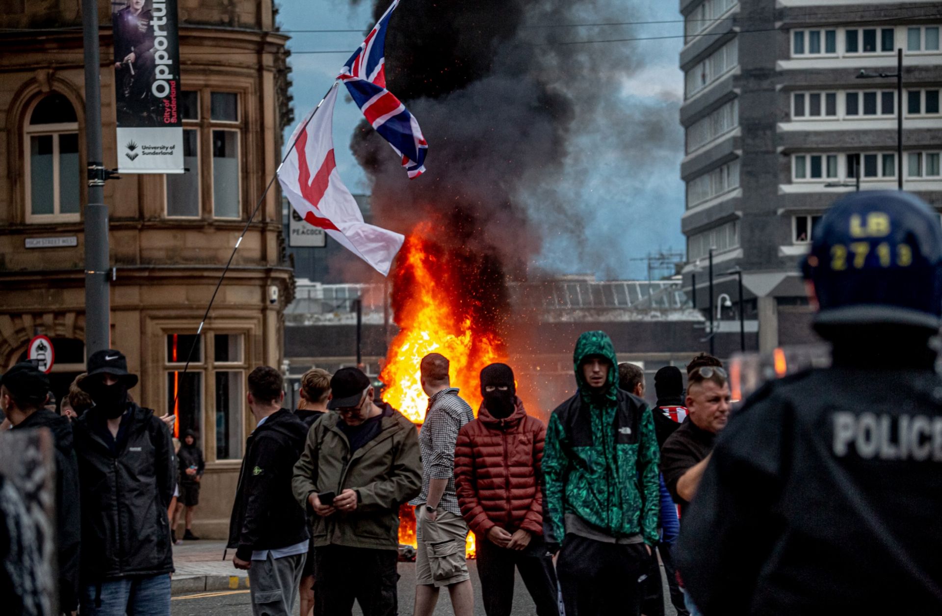 Far-right activists gather in Sunderland, England, on Aug. 2, 2024, after misinformation spread via social media falsely attributed to a Muslim migrant to the recent murders of three girls in Southport.