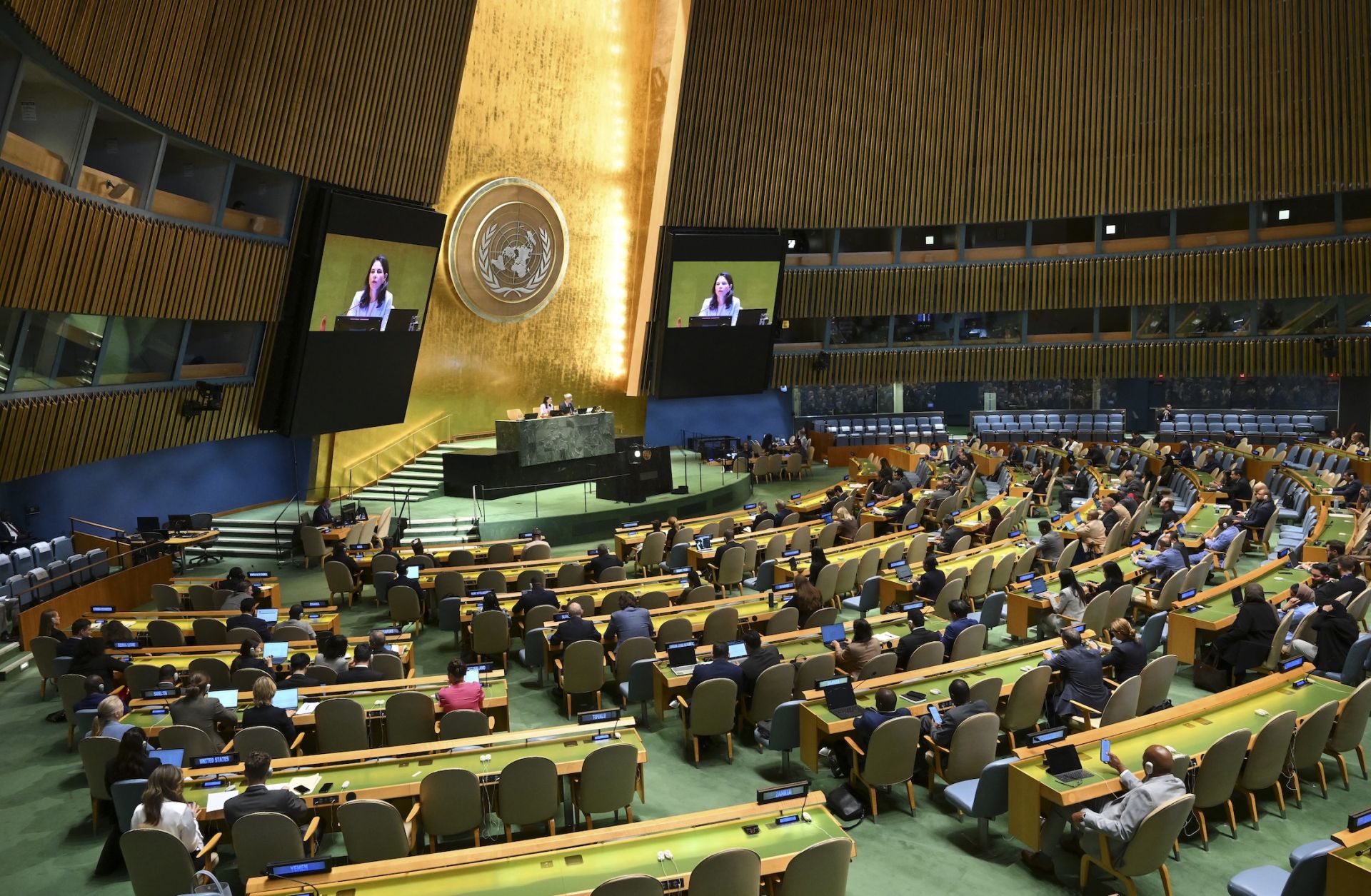 The President of the 80th session of the U.N. General Assembly and former German Foreign Minister Annalena Baerbock speaks during a General Assembly meeting to vote on a two-state solution to the Palestinian question on Sept. 12 at the United Nations in New York.