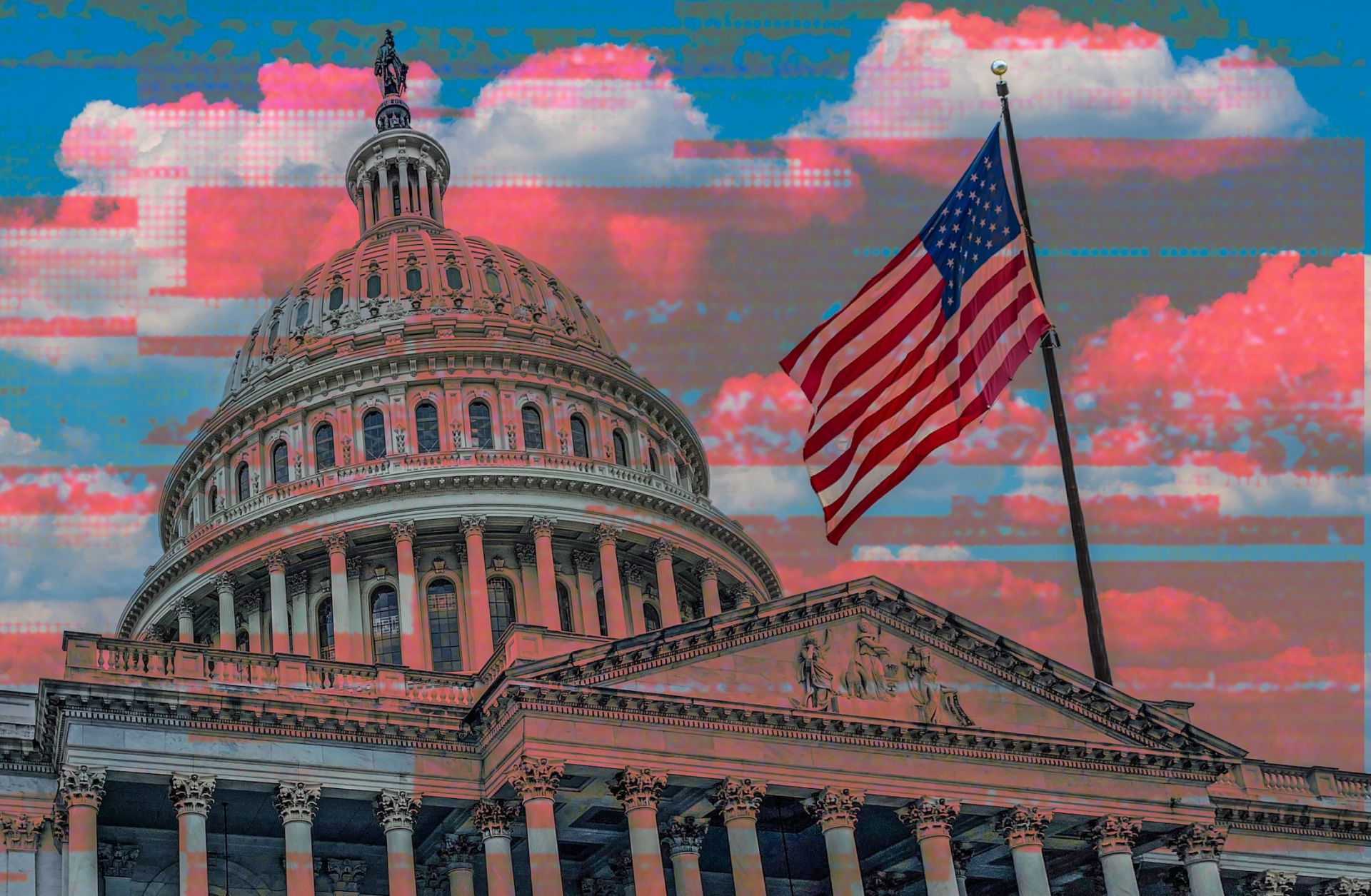 A photo of the U.S. Capitol overlaid with a pixilated blue and red pattern.