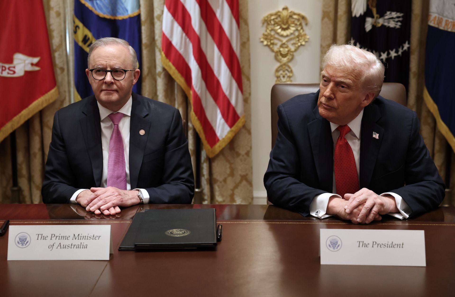 Australian Prime Minister Anthony Albanese (left) and U.S. President Donald Trump speak to reporters during a bilateral meeting in the Cabinet Room of the White House on Oct. 20, 2025, in Washington, D.C. Australian Prime Minister Anthony Albanese (left) and U.S. President Donald Trump speak to reporters during a bilateral meeting in the Cabinet Room of the White House on Oct. 20, 2025, in Washington, D.C.