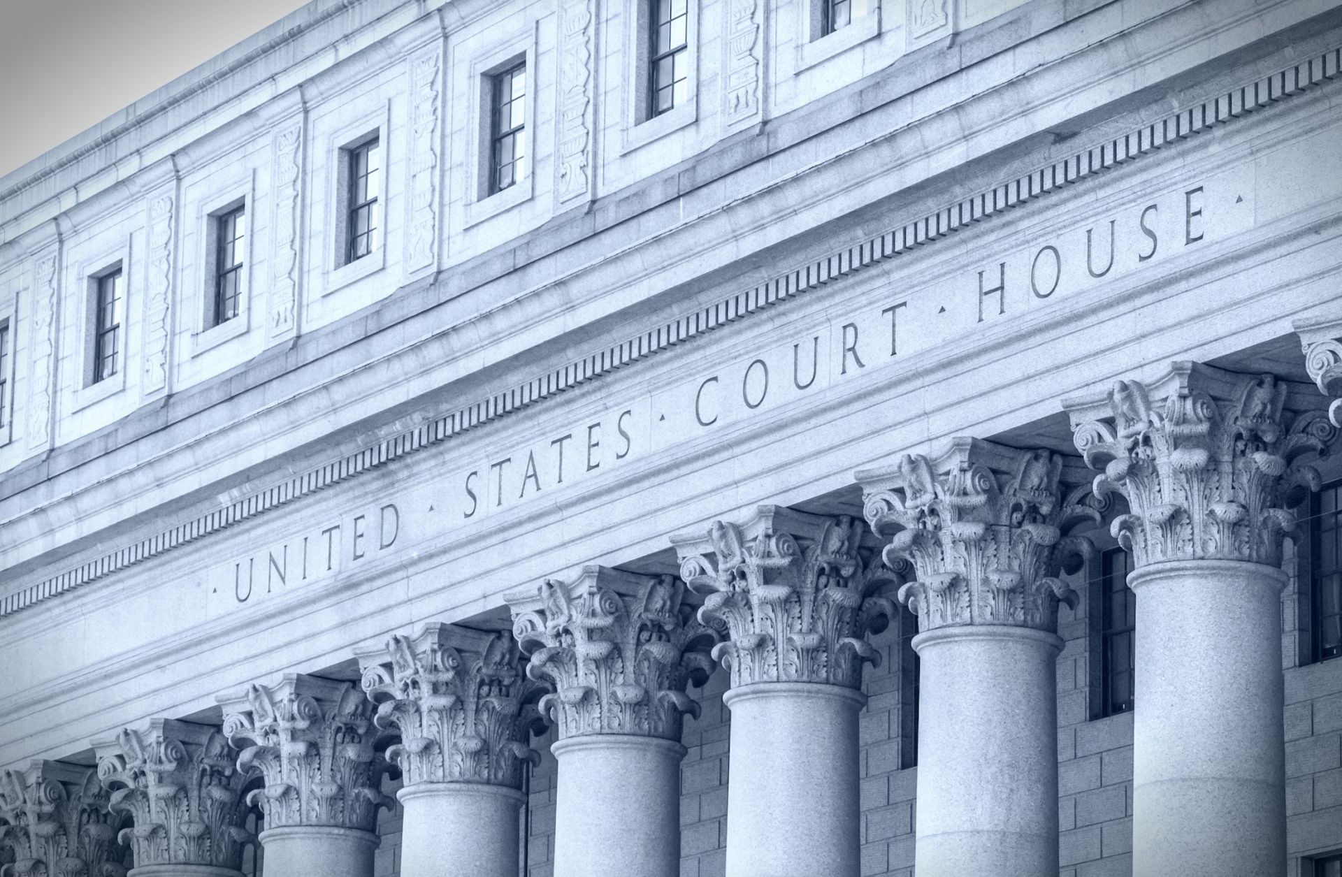 A U.S. courthouse facade with columns in lower Manhattan, New York.
