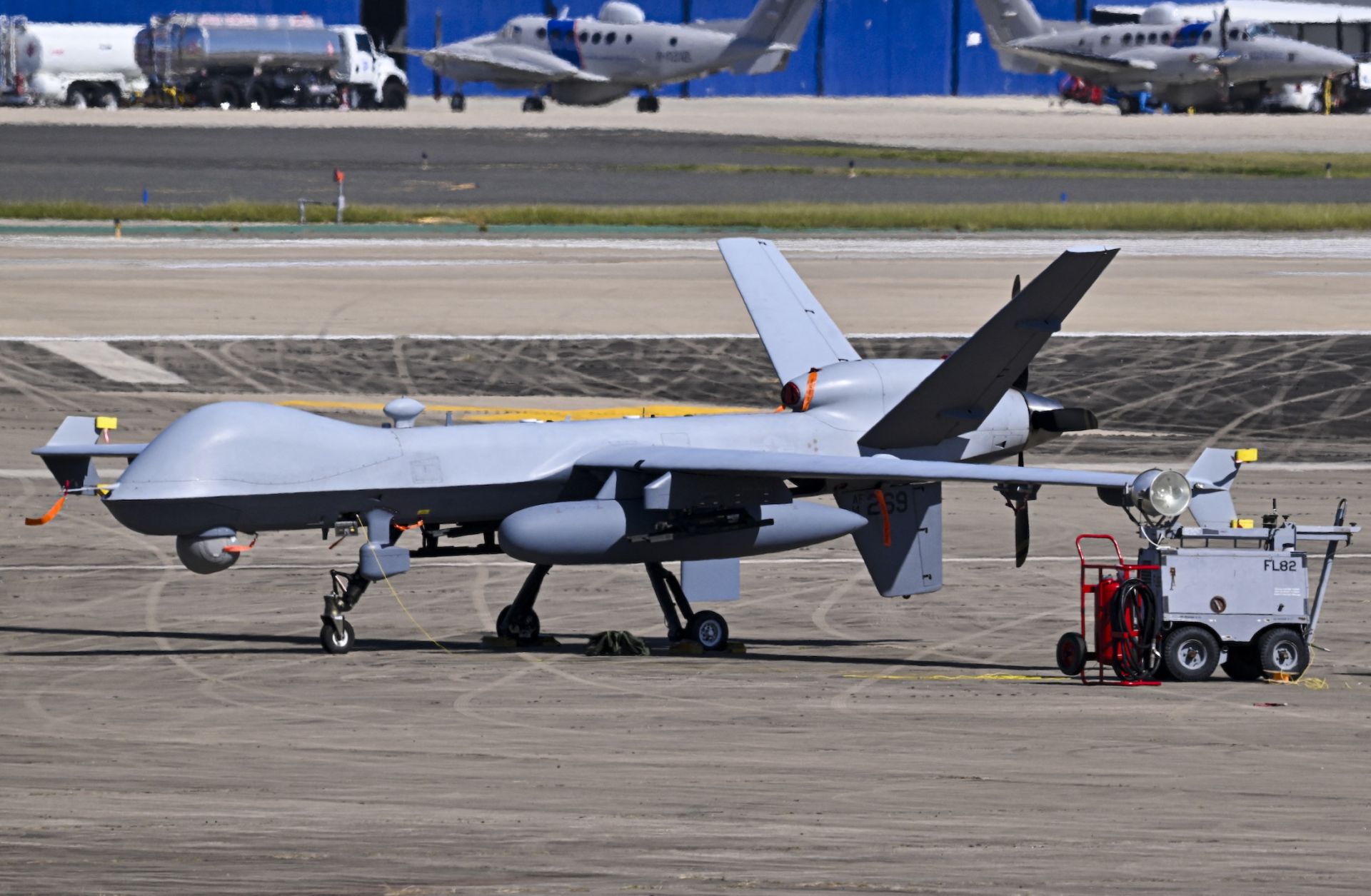 A U.S. military MQ-9 Reaper drone sits on a tarmac at Rafael Hernandez Airport in Aguadilla, Puerto Rico, on Dec. 27, 2025.