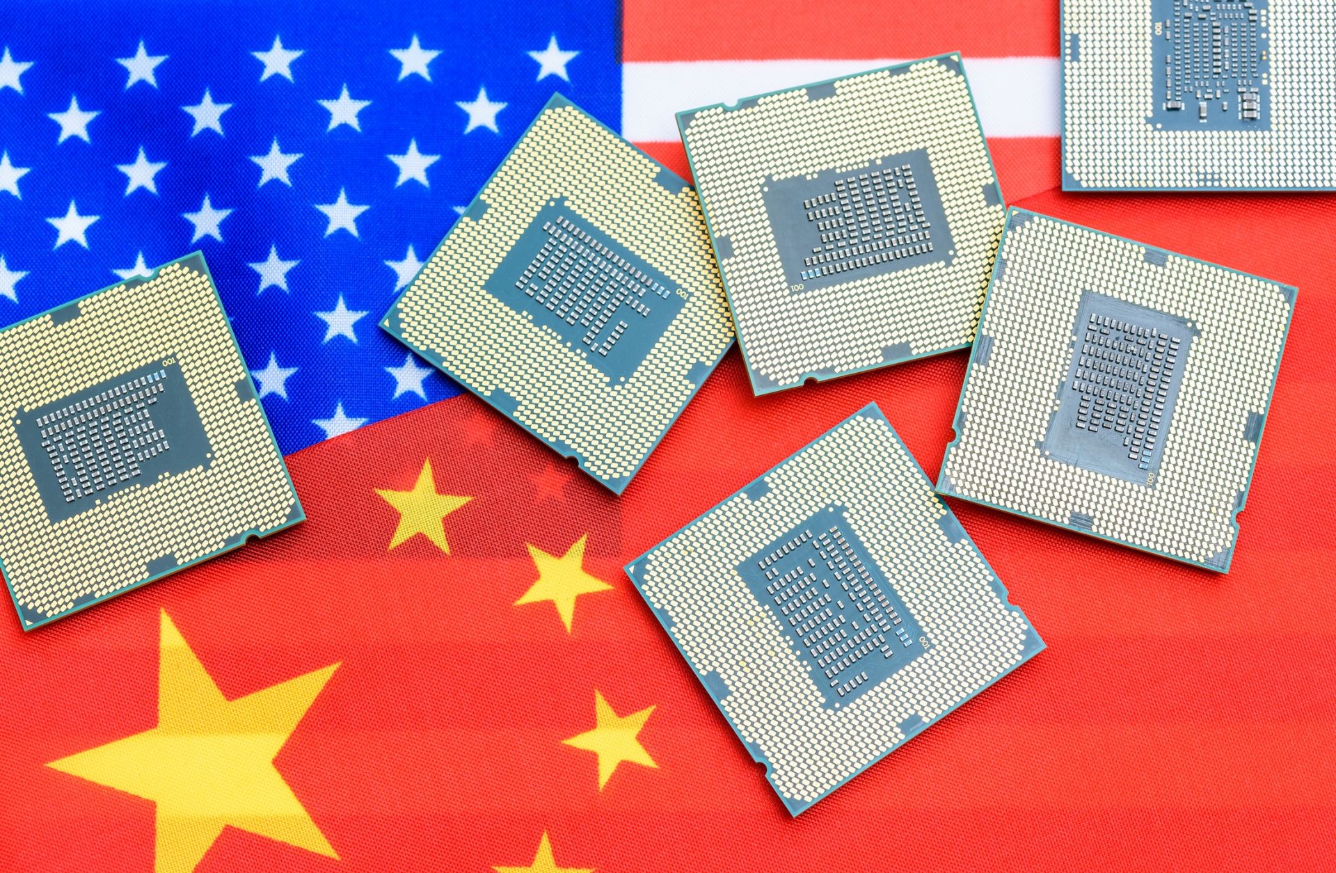 Computer chips are seen on top of the U.S. and Chinese flags.