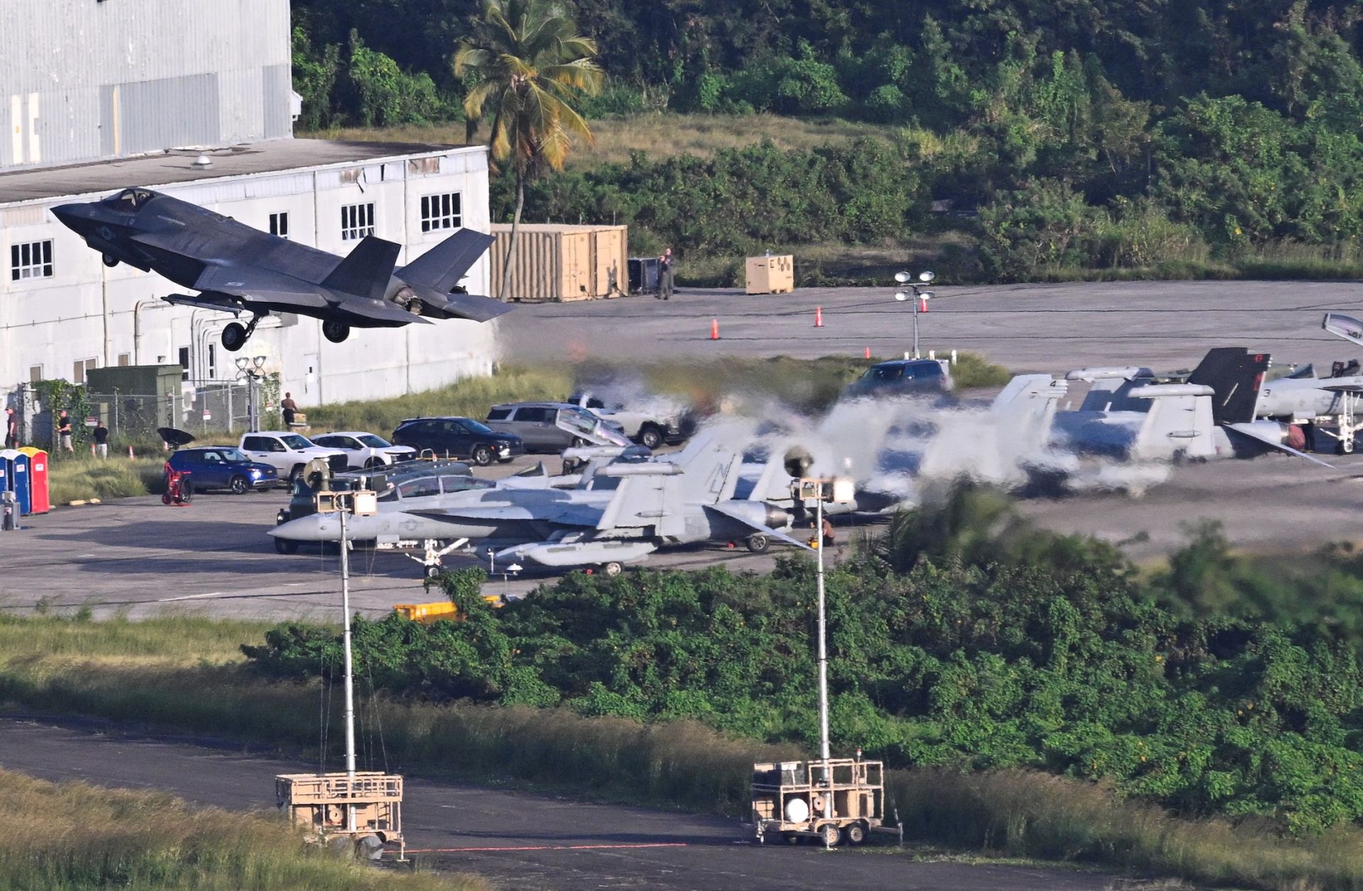 A U.S. Marine Corps F-35B fighter jet takes off from Jose Aponte de la Torre Airport on December 15, 2025 in Ceiba, Puerto Rico.