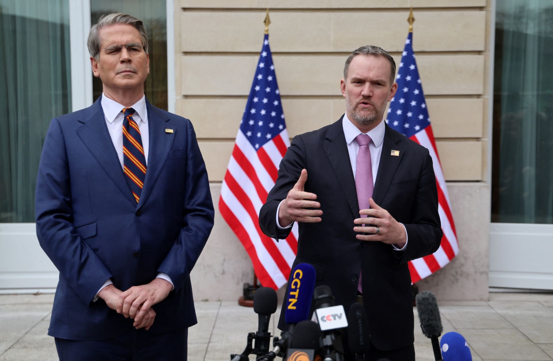 U.S. Trade Representative Jamieson Greer (right) addresses journalists next to U.S. Treasury Secretary Scott Bessent following a new round of trade discussions with Chinese officials at the OECD headquarters in Paris on March 16, 2026.