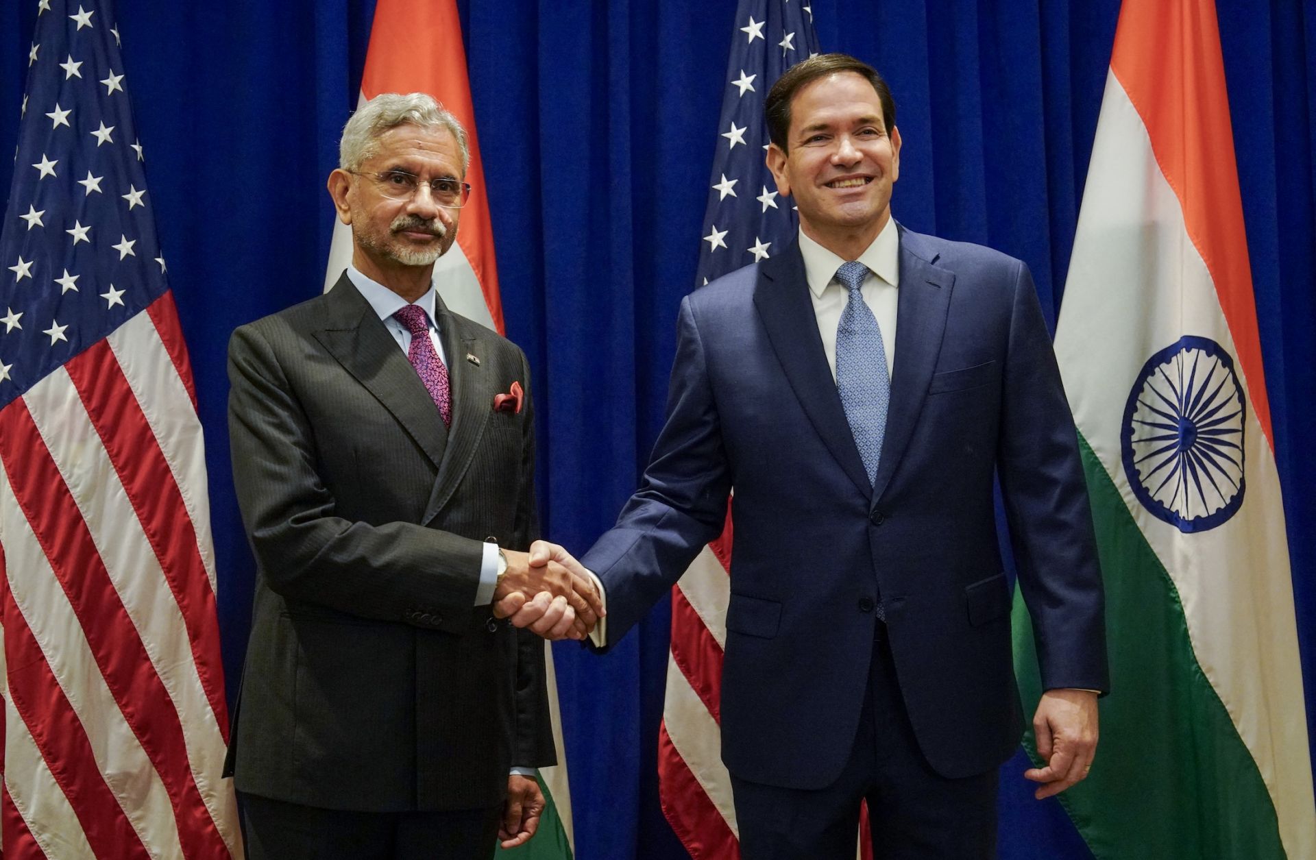 U.S. Secretary of State Marco Rubio (right) meets with Indian External Affairs Minister Subrahmanyam Jaishankar at a hotel in New York City on the sidelines of the U.N. General Assembly meeting on Sept. 22, 2025. 