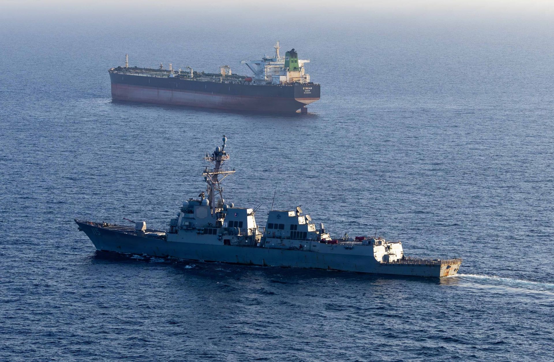 The USS Rafael Peralta implements a maritime blockade against an Iranian-flagged ship attempting to sail toward an Iranian port on April 26, 2026, in the Arabian Sea.