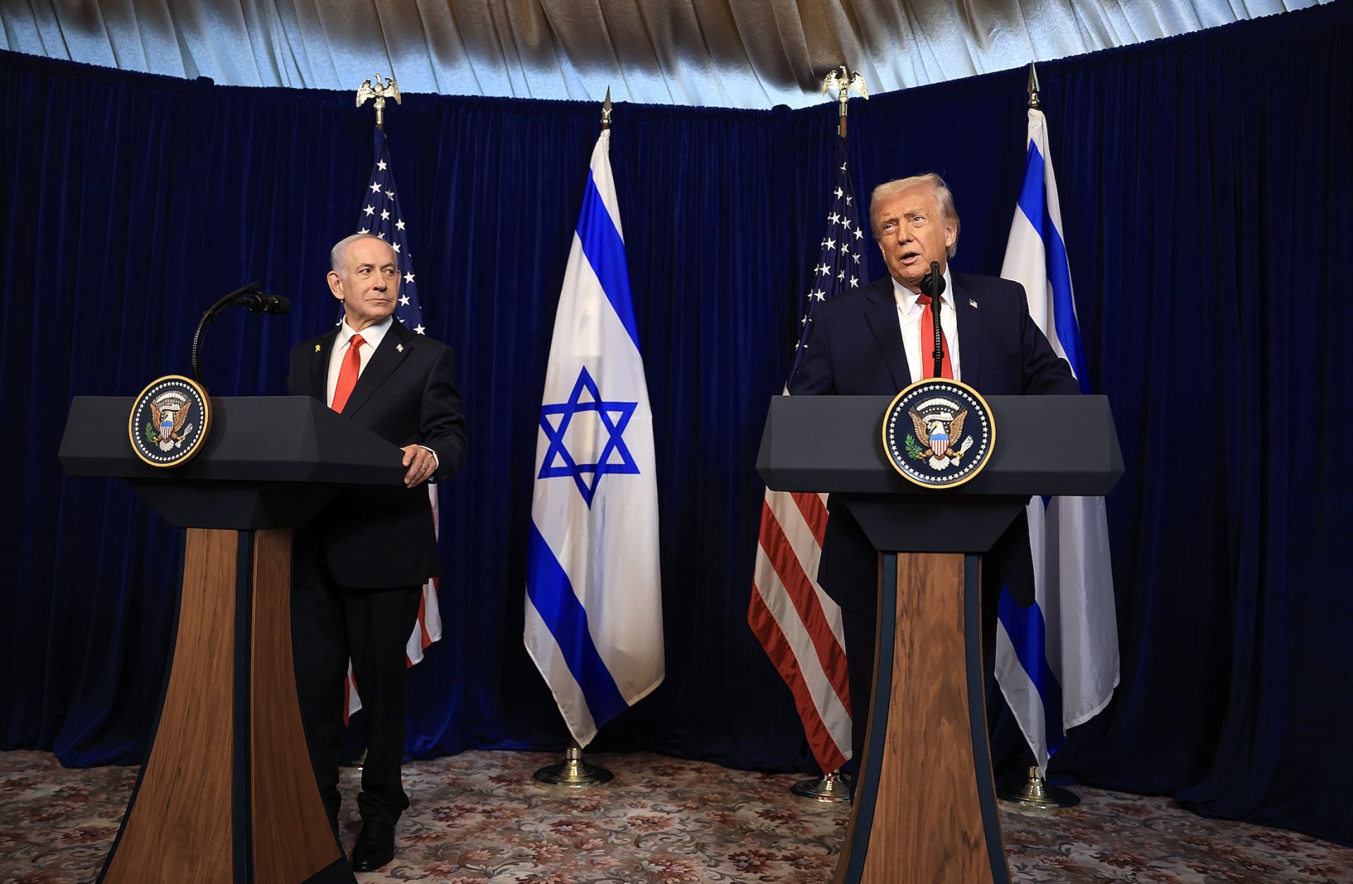 U.S. President Donald Trump holds a press conference with Israeli Prime Minister Benjamin Netanyahu at his Mar-a-Lago club on Dec. 29, 2025, in Palm Beach, Florida. 