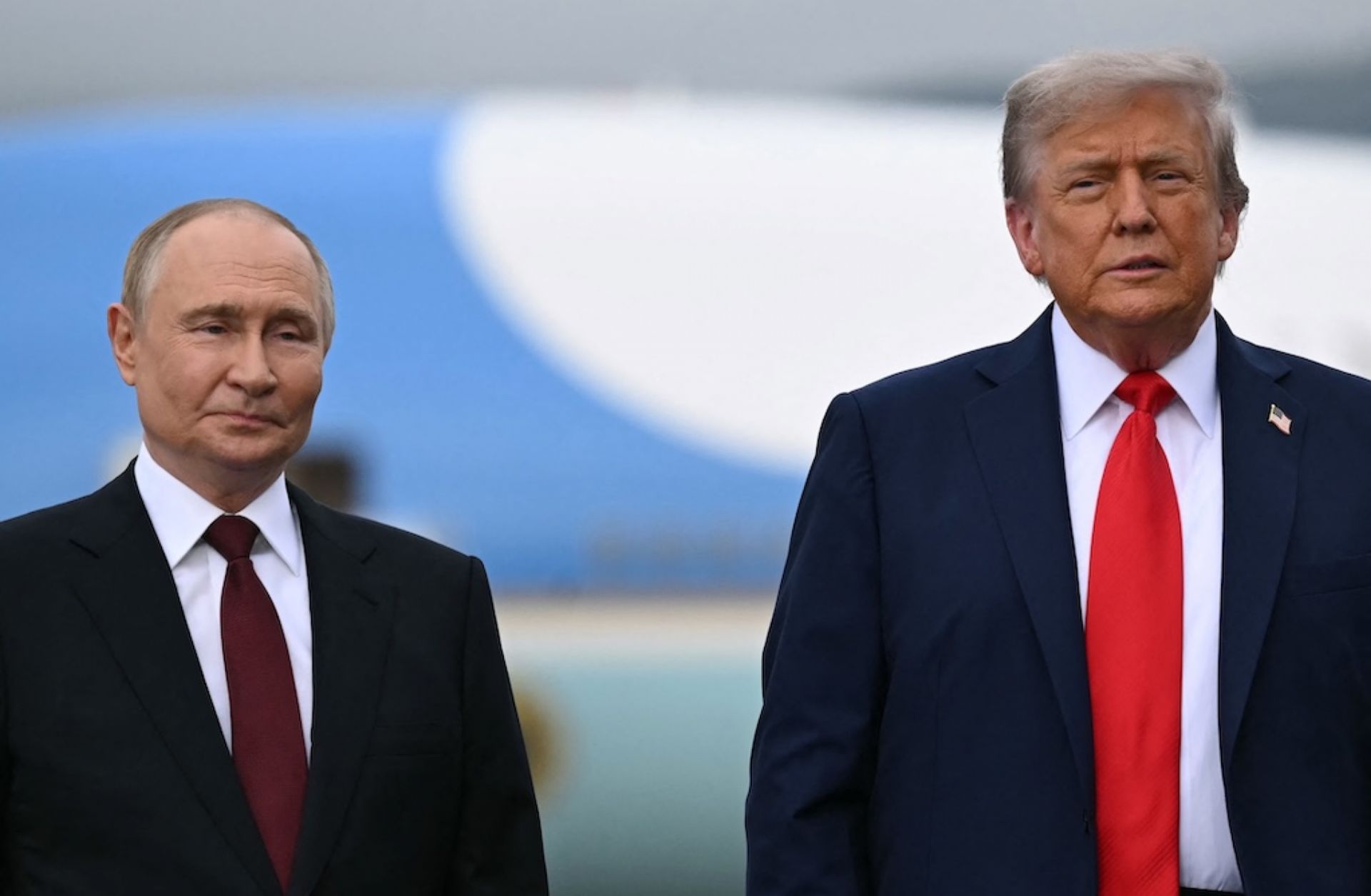 U.S. President Donald Trump (R) and Russian President Vladimir Putin on Aug. 15, 2025, at Joint Base Elmendorf-Richardson in Anchorage, Alaska.