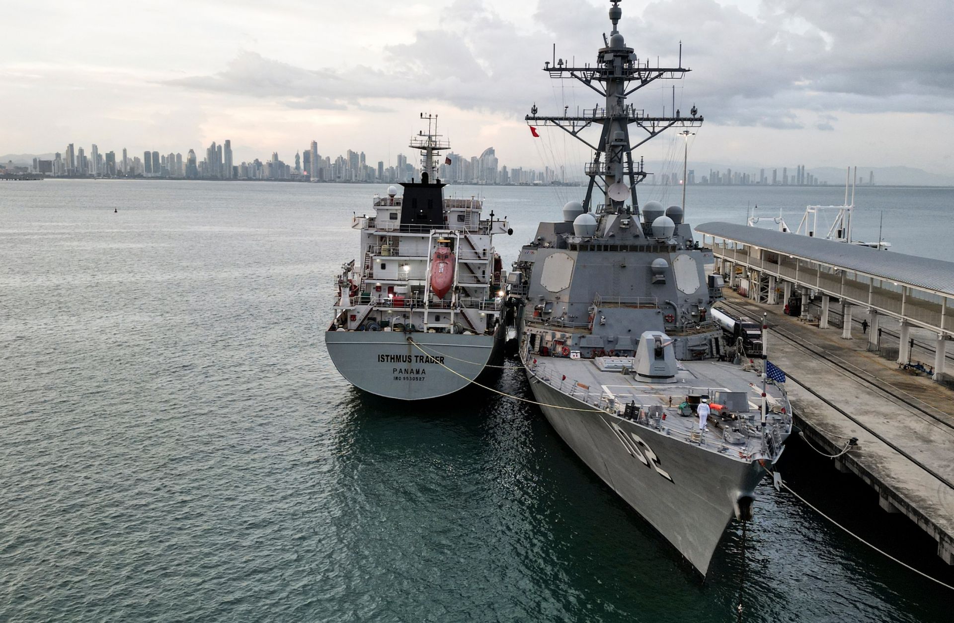 The U.S. Navy warship USS Sampson docks at the Amador International Cruise Terminal in Panama City on Aug. 30, 2025. 