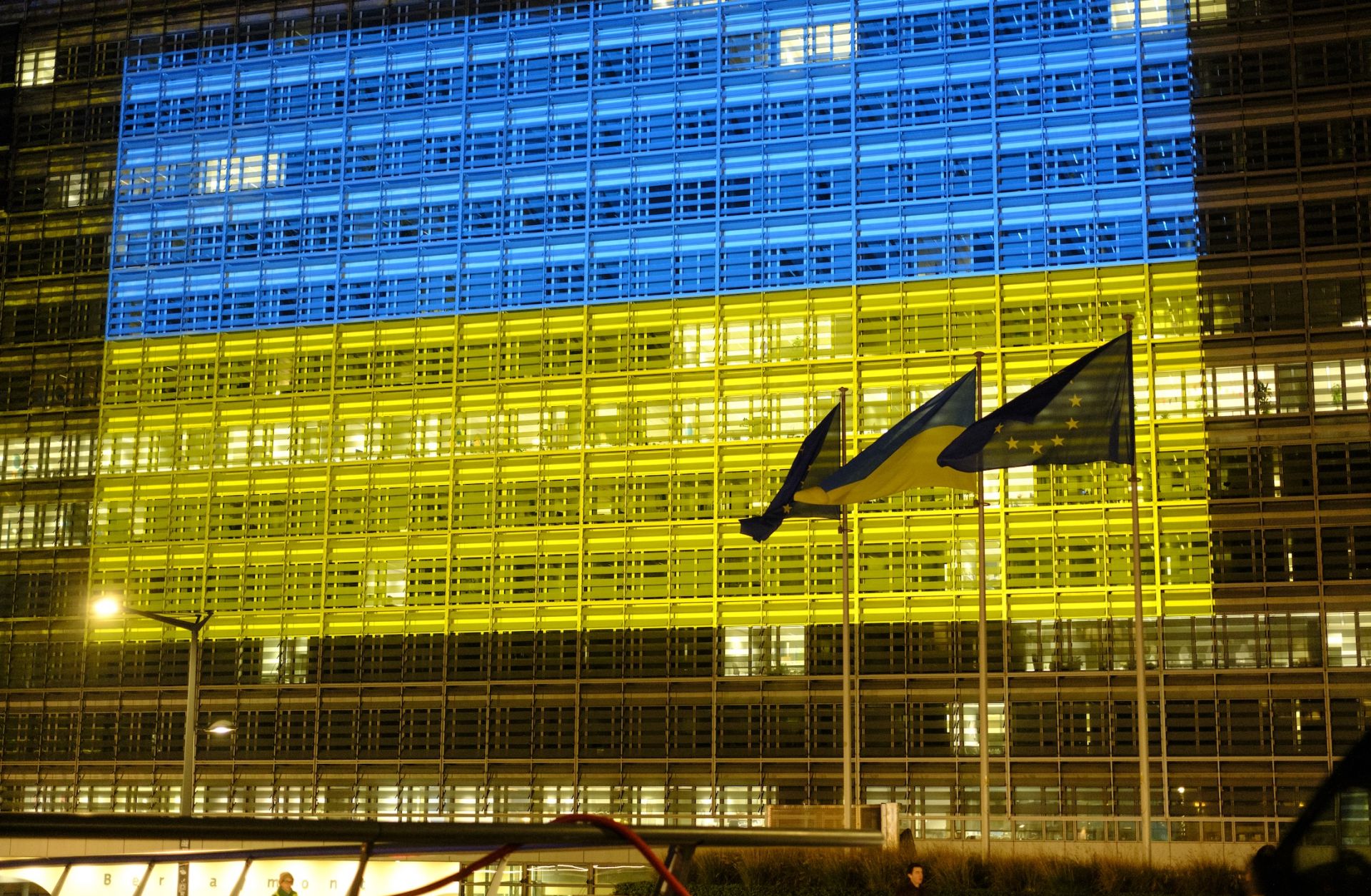 The Ukrainian flag is projected on the facade of Berlaymont, the European Commission headquarters, in Brussels on Nov. 18 to commemorate the Nov. 18, 2024, Russian invasion of Ukraine.