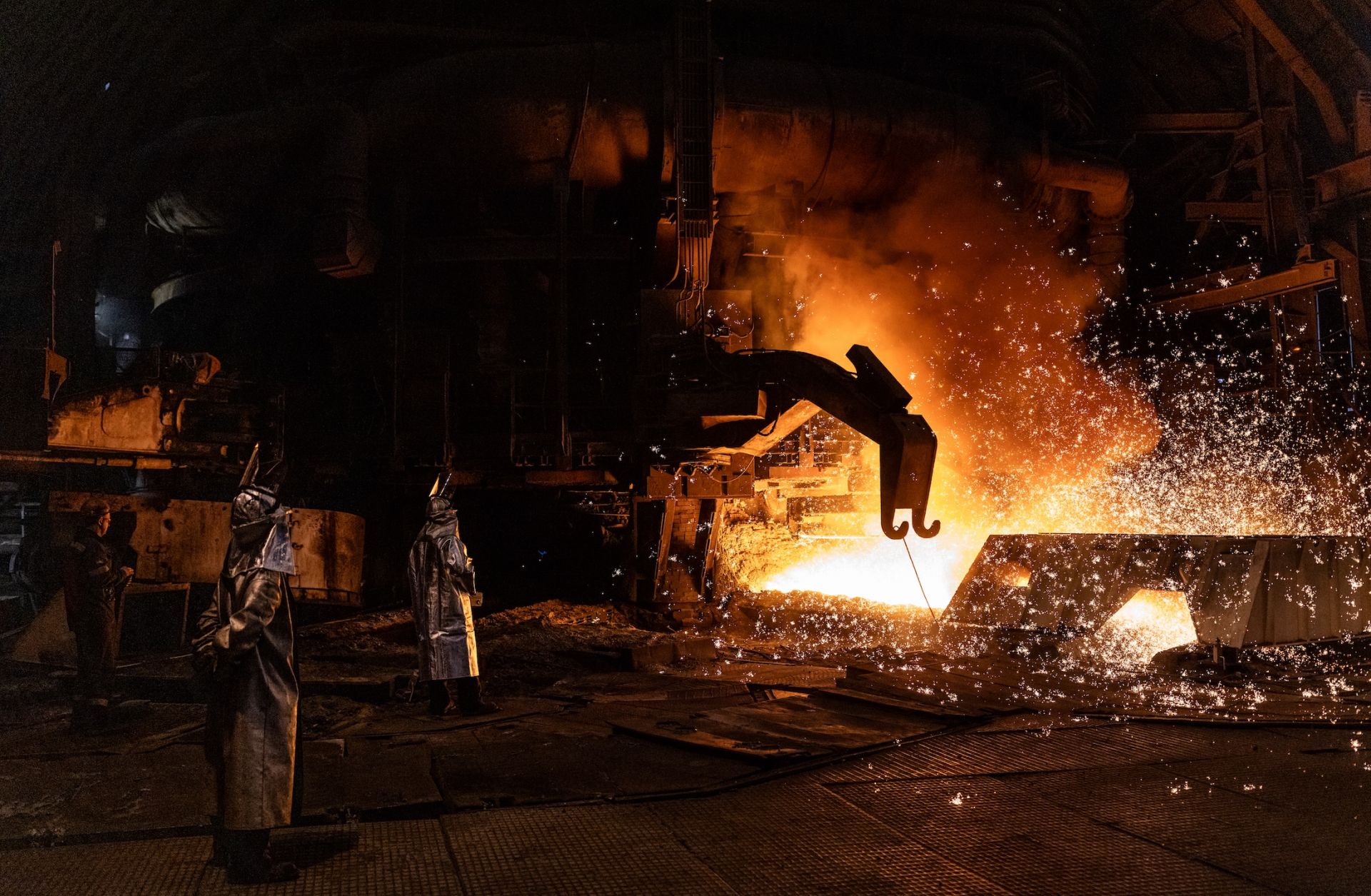 Technicians work at the main blast furnace at the Zaporizhstal Iron and Steel Works on Feb. 12, 2024 in Zaporizhzhia, Ukraine.