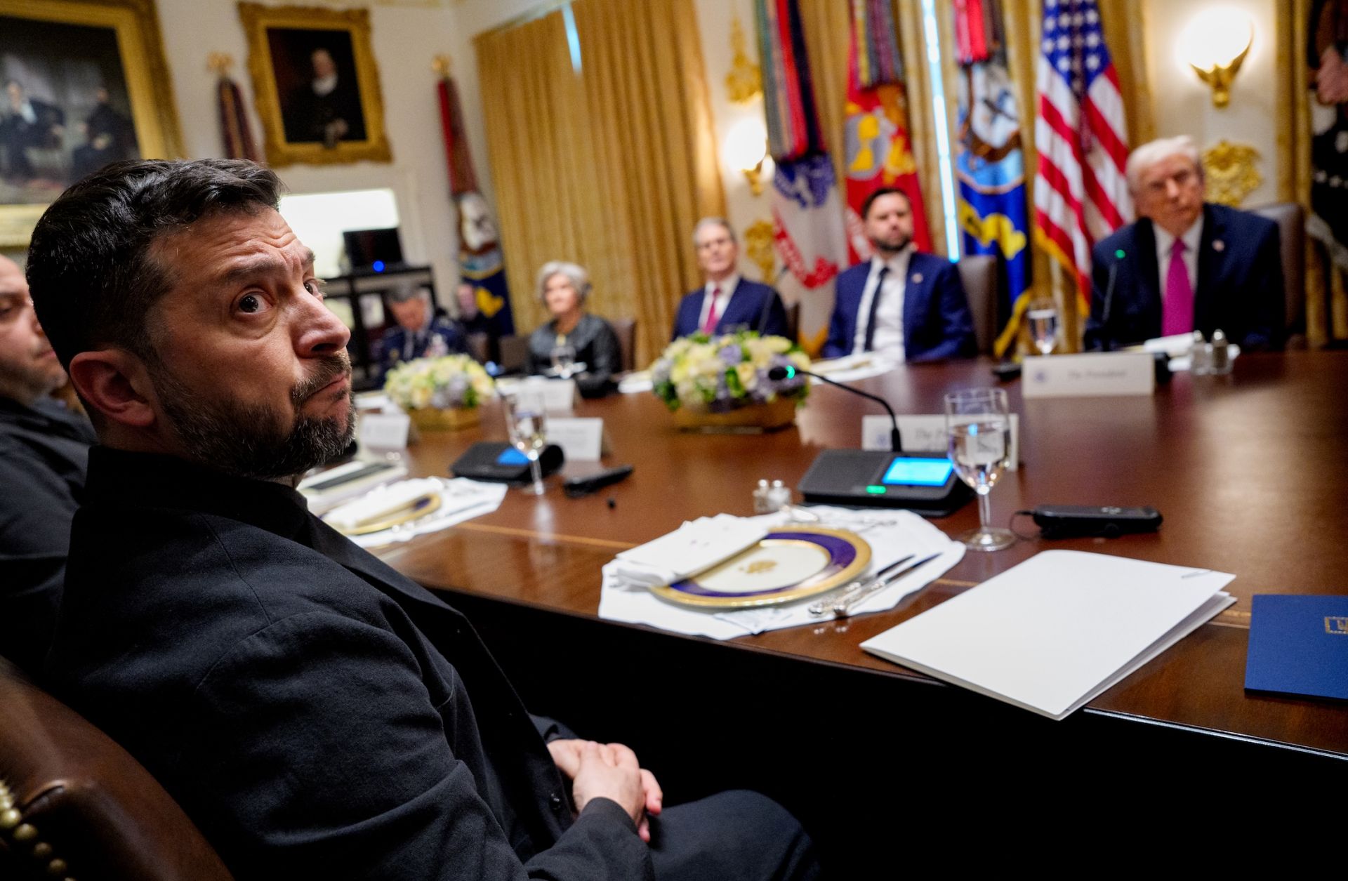 Ukrainian President Volodymyr Zelensky (L) attends a lunch meeting with U.S. President Donald Trump (R) at the White House on Oct. 17, 2025, in Washington, D.C. 
