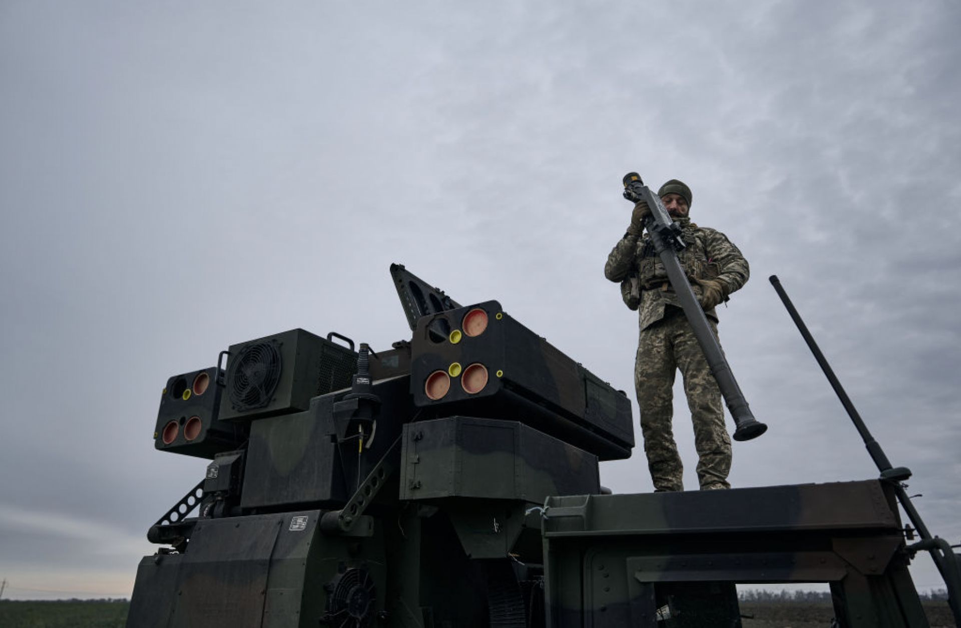 A Ukrainian soldier works on an Avenger AN/TWQ-1 anti-aircraft missile system on Nov. 28, 2023, in Kyiv, Ukraine.