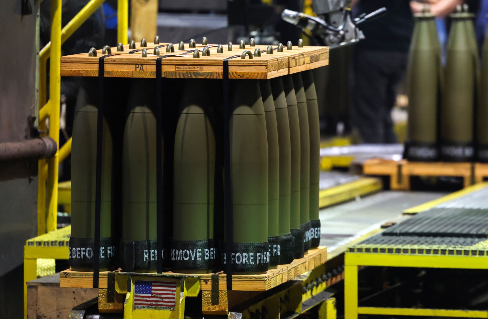 On April 16, 2024, 155mm caliber shells are shown after manufacturing, ready for shipment at the Scranton Army Ammunition Plant (SCAAP) in Scranton, Pennsylvania.