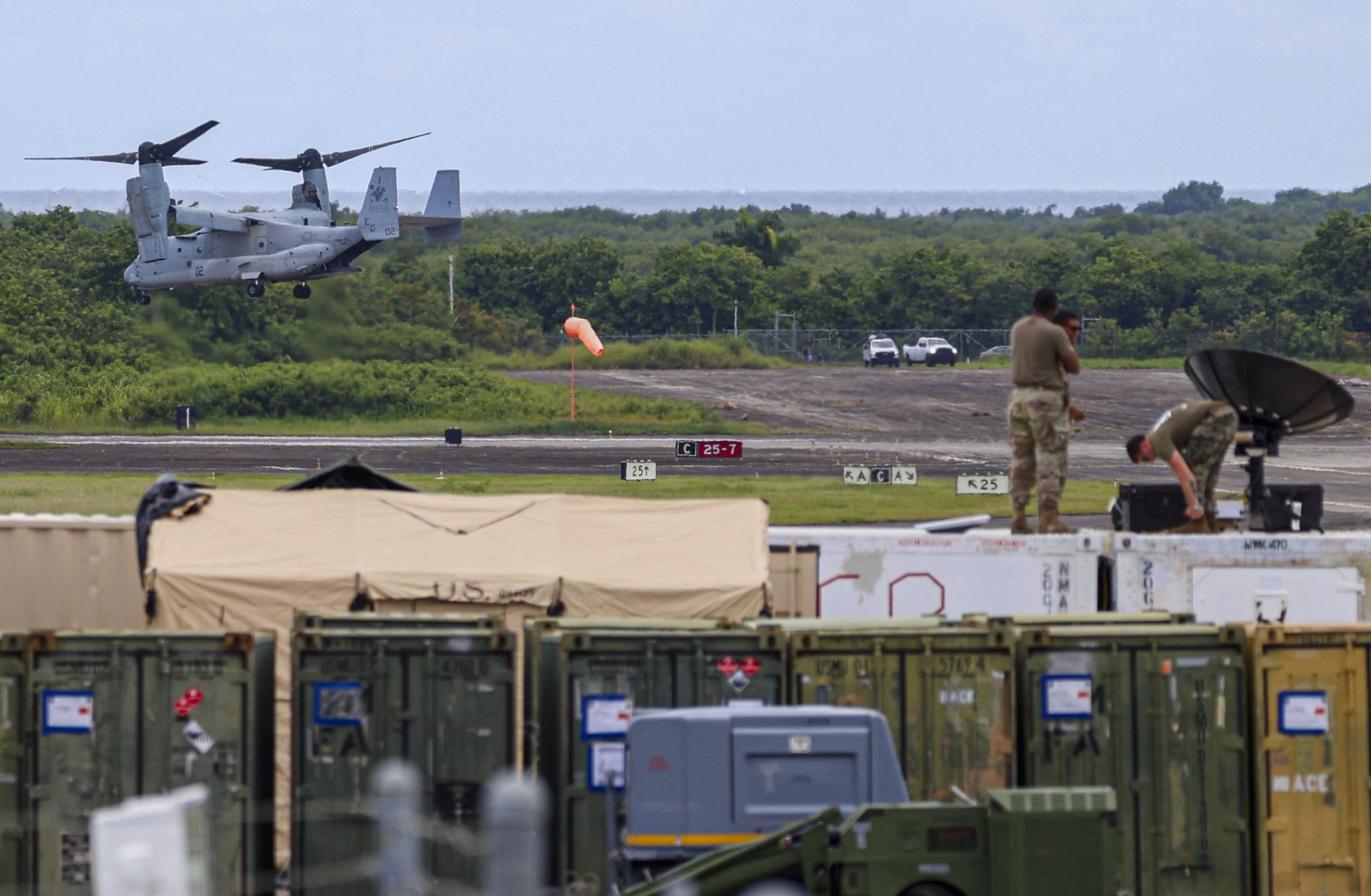 A U.S. Marine V-22 Osprey takes off from Jose Aponte de la Torre Airport, formerly Roosevelt Roads Naval Station, on Sept. 13, 2025, in Ceiba, Puerto Rico.  A U.S. Marine V-22 Osprey takes off from Jose Aponte de la Torre Airport, formerly Roosevelt Roads Naval Station, on Sept. 13, 2025, in Ceiba, Puerto Rico.