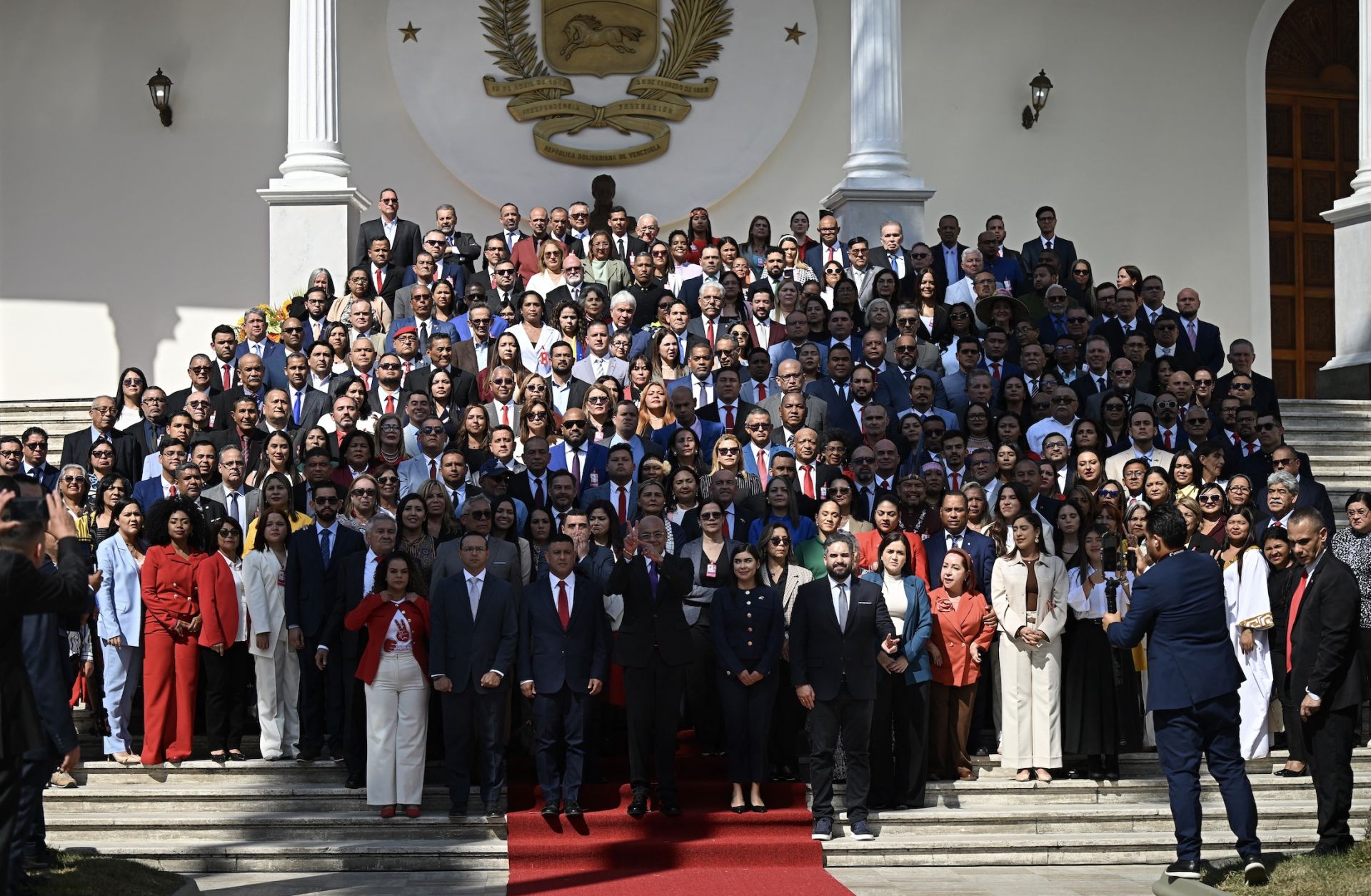 Venezuela's National Assembly President Jorge Rodriguez (C) gestures during the official picture of the new National Assembly in Caracas on Jan. 5, 2026. 