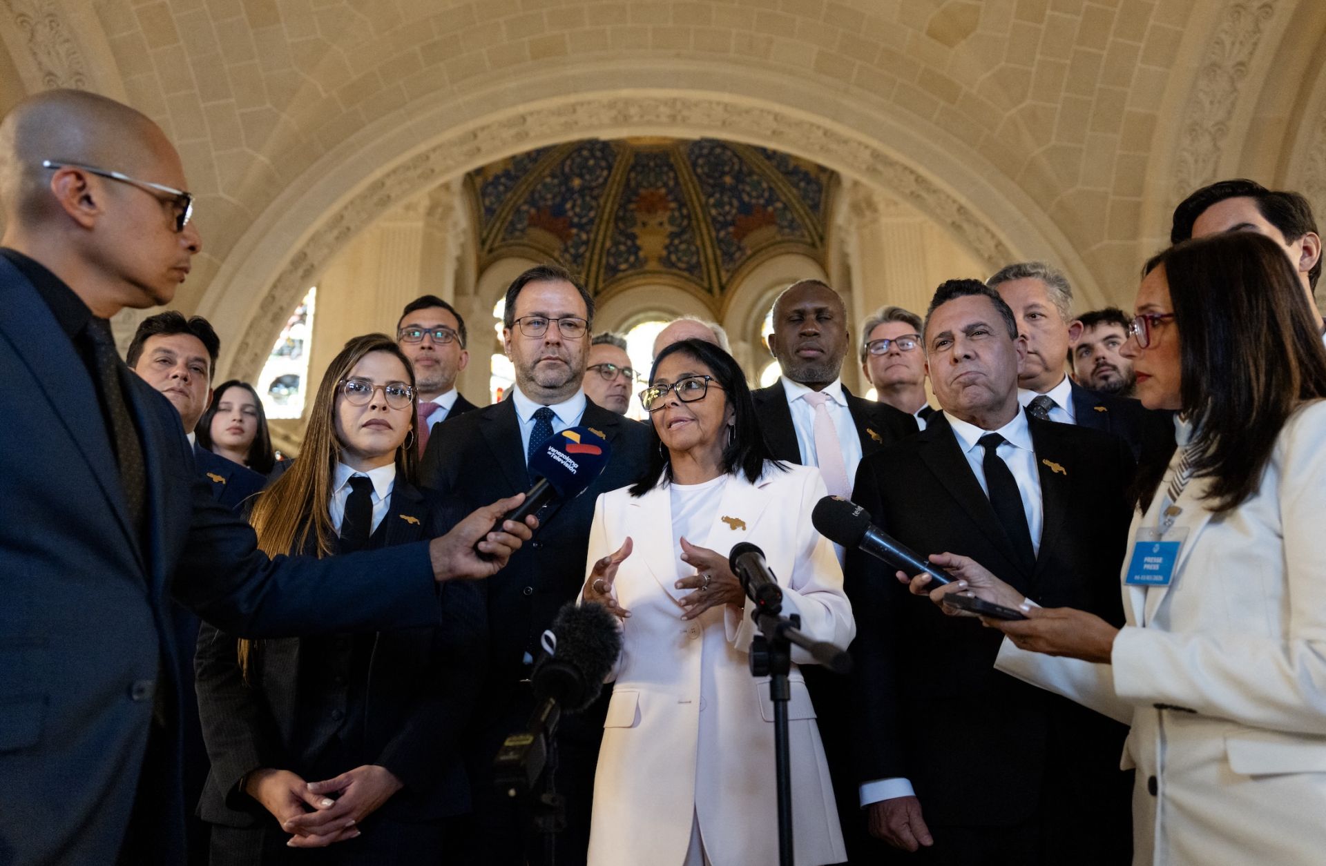 Venezuela's acting President Delcy Rodriguez speaks with journalists following a session at the International Court of Justice (ICJ) regarding the Essequibo region in The Hague on May 11. 