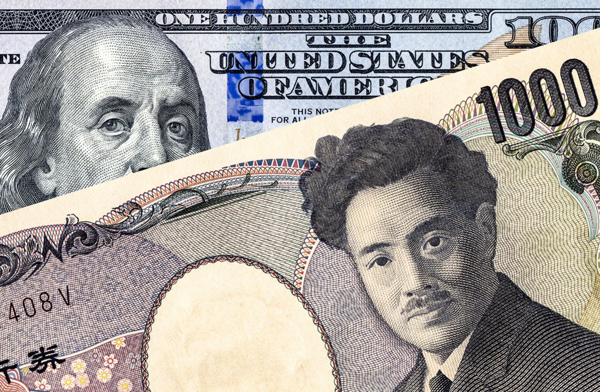A photo illustration shows a banknote of the Japanese yen overlapping a banknote of the U.S. dollar.
