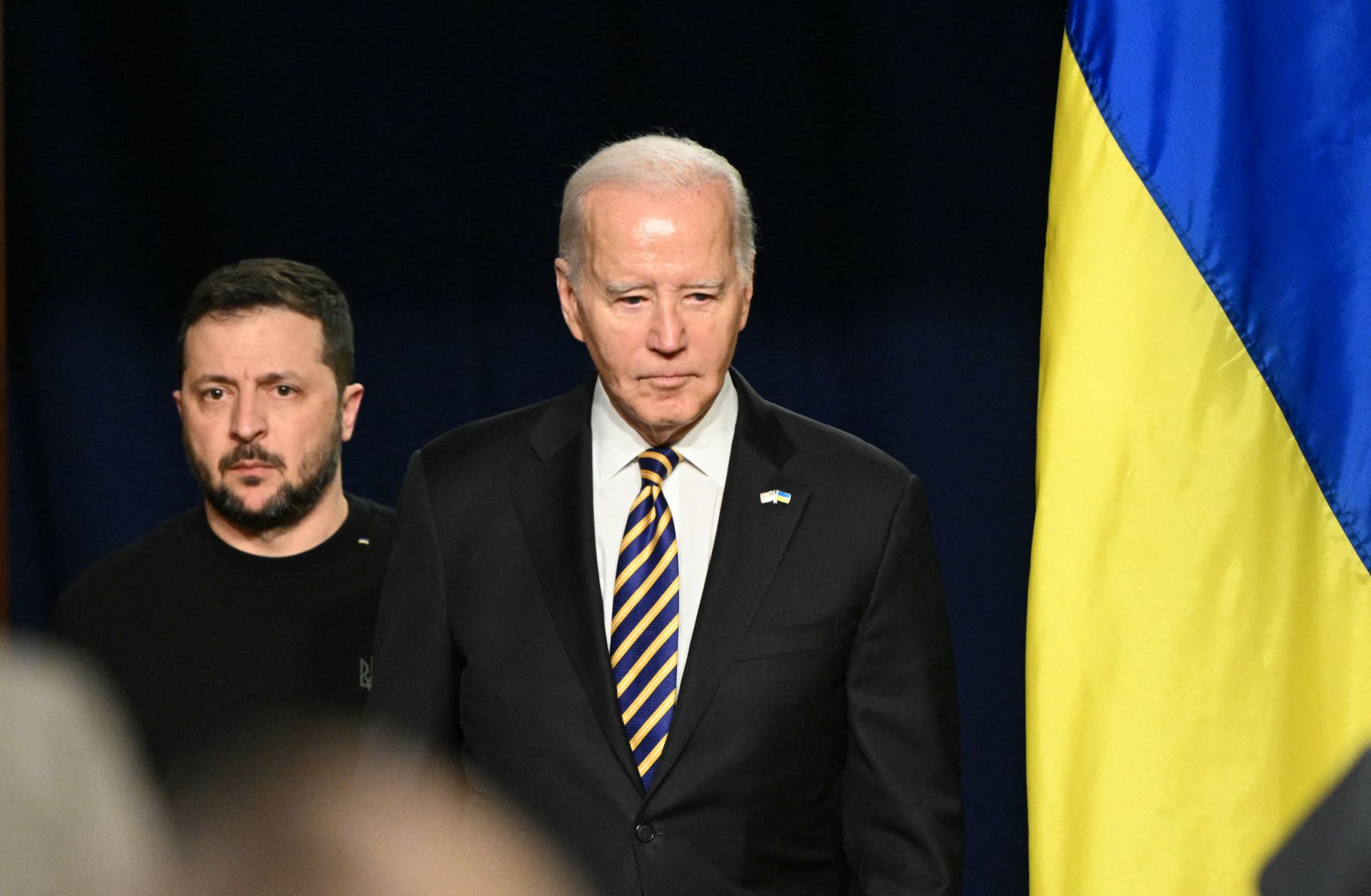 U.S. President Joe Biden and Ukrainian President Volodymyr Zelensky arrive to hold a press conference at the White House in Washington, D.C., on Dec. 12, 2023.