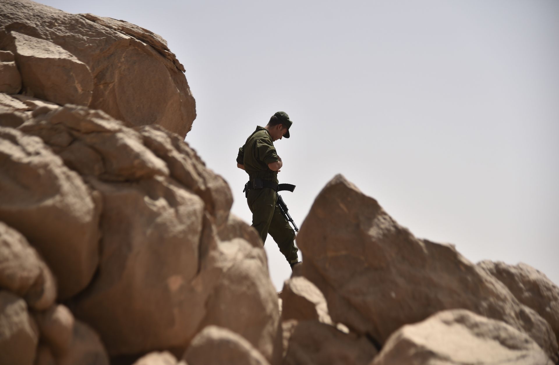An Algerian soldier on patrol in the Tamanrasset Desert south of Algiers.