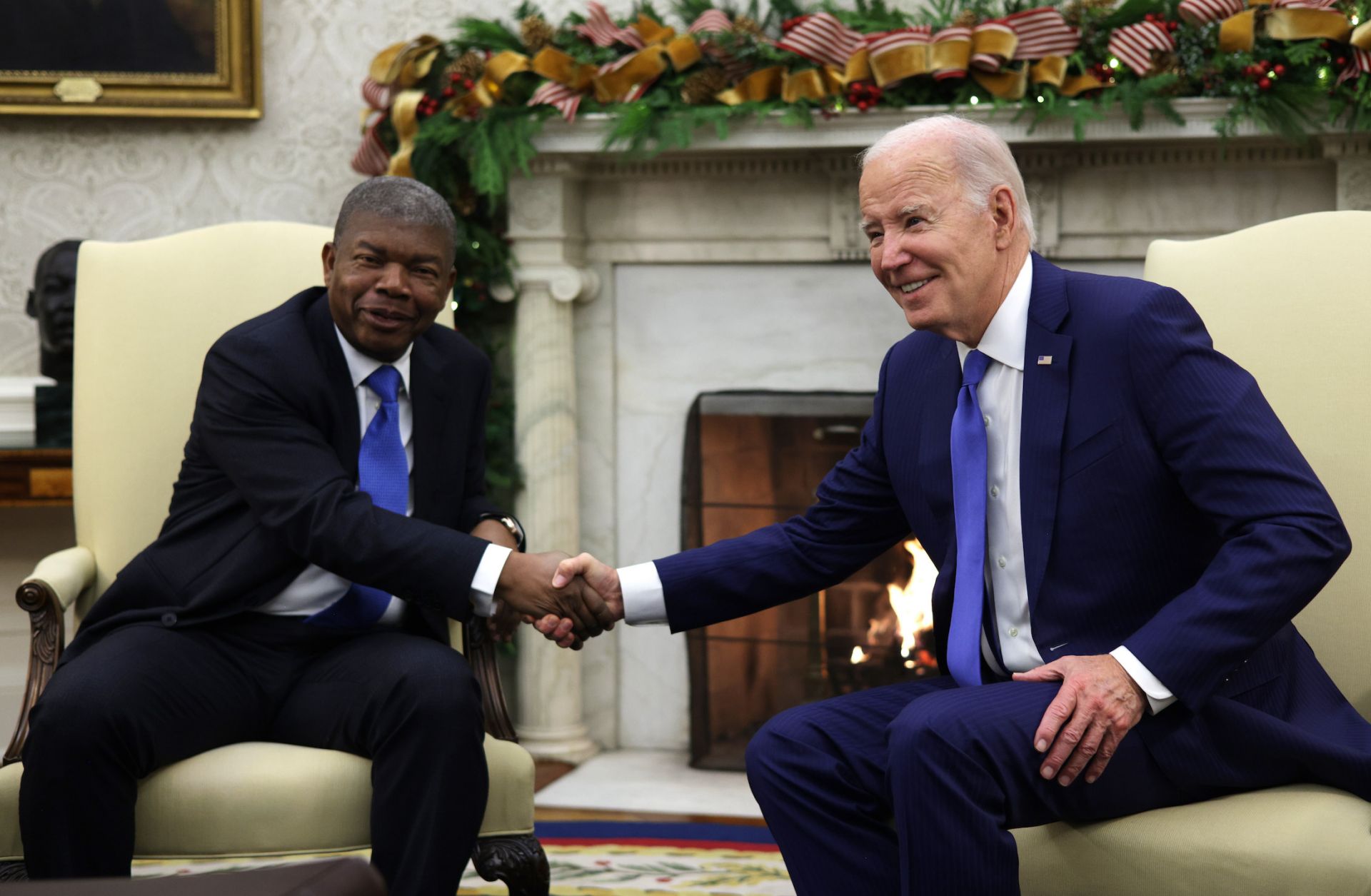 U.S. President Joe Biden shakes hands with President Joao Lourenco of Angola during a meeting in the Oval Office of the White House on Nov. 30, 2023, in Washington, D.C.