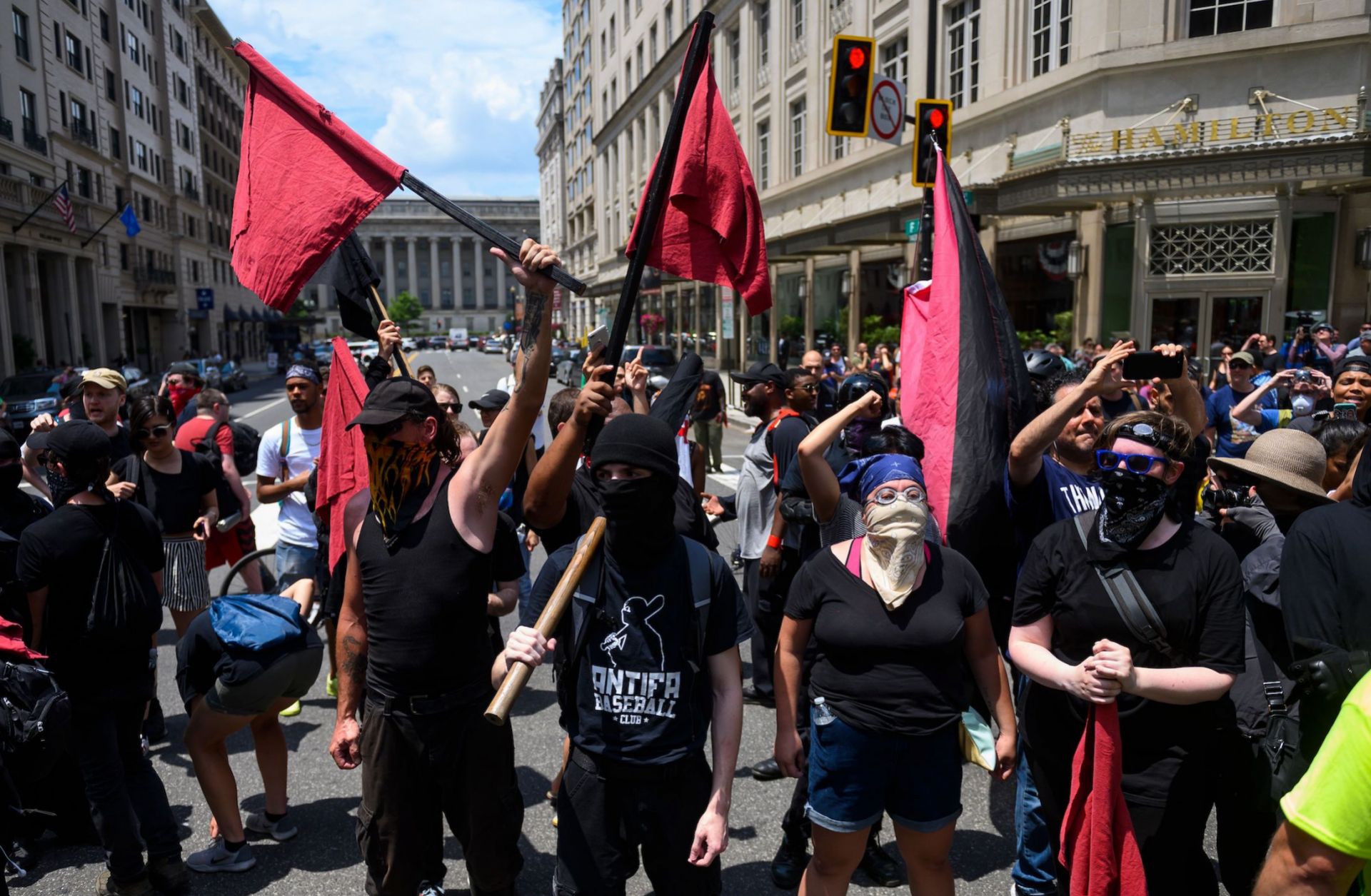 Members of an antifa group march as the Alt-Right movement gathers for a "Demand Free Speech" rally in July 6, 2019, Washington.