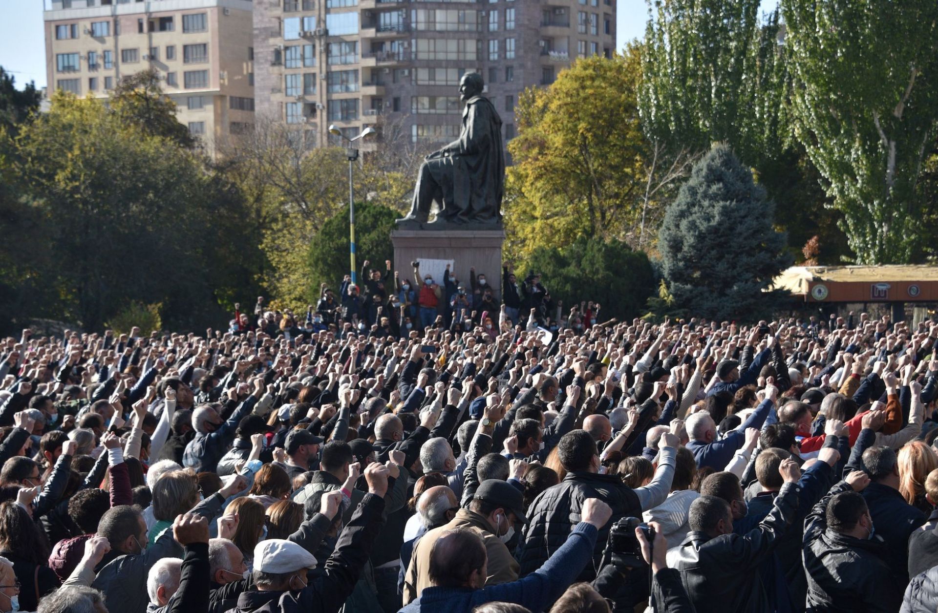 Armenians gather in Yerevan on Nov. 11, 2020, to protest against their country’s agreement to end fighting with Azerbaijan over the disputed Nagorno-Karabakh region.