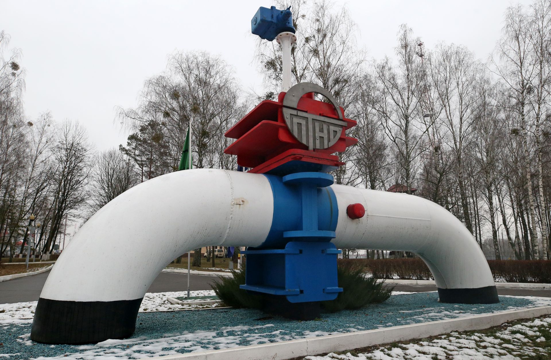 A monument depicts an oil pipeline near the Mozyr linear production dispatching station in Belarus on Jan. 4, 2020.