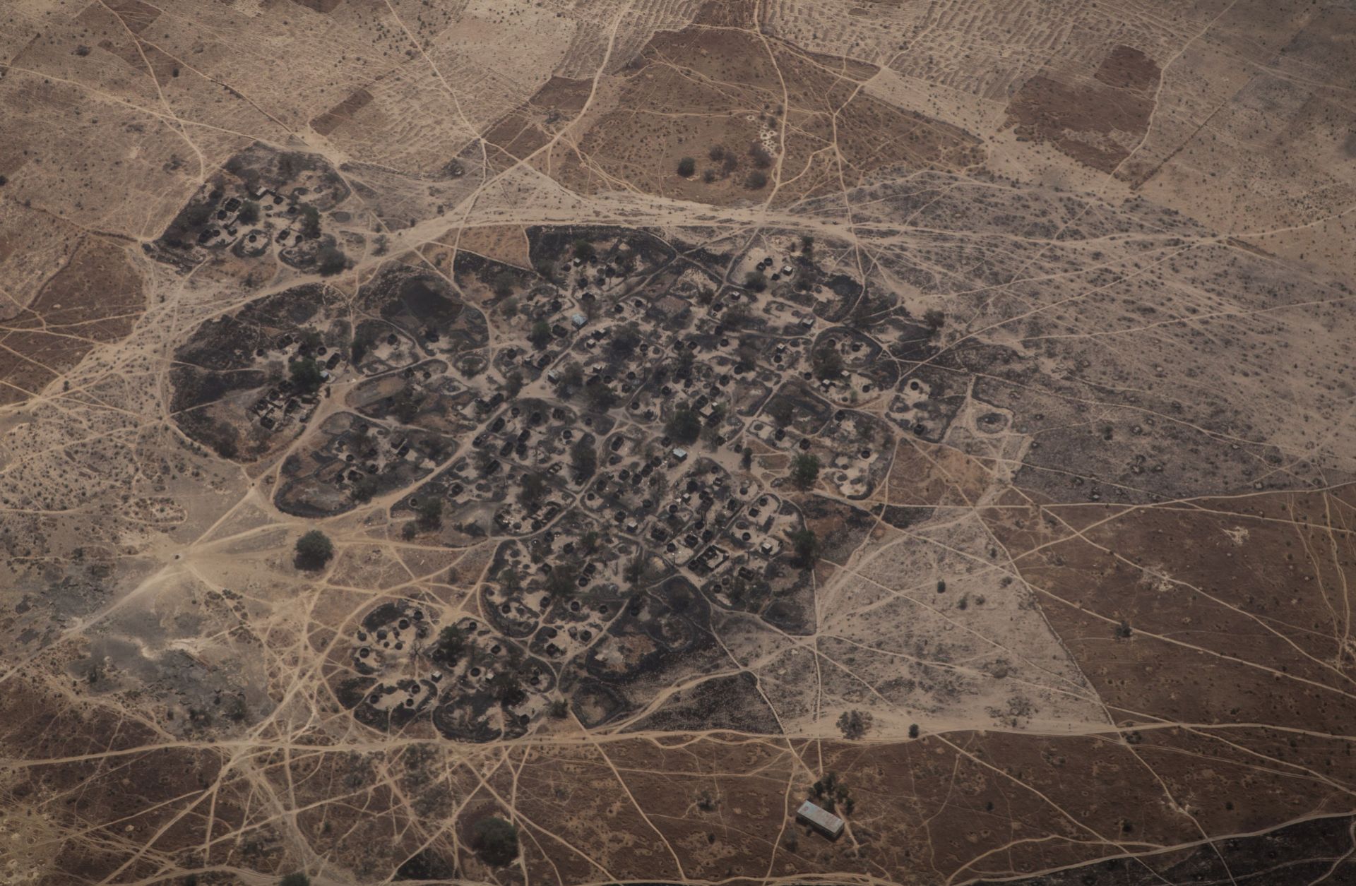 An aerial photograph from February 2017 shows a burnt village, believed to have been attacked by Boko Haram, in northeast Nigeria.