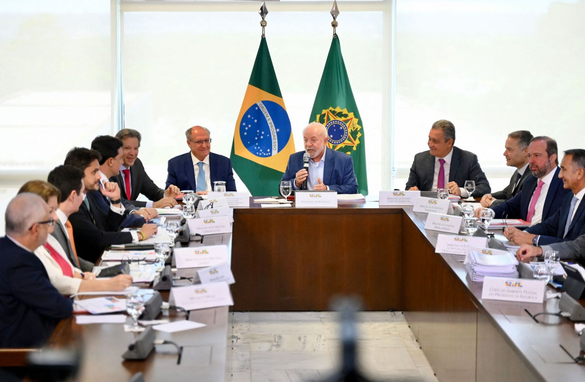 Brazilian President Luiz Inacio Lula da Silva (center) speaks during a ministerial meeting on infrastructure investment projects in Brasilia, Brazil, on Nov. 3, 2023. 