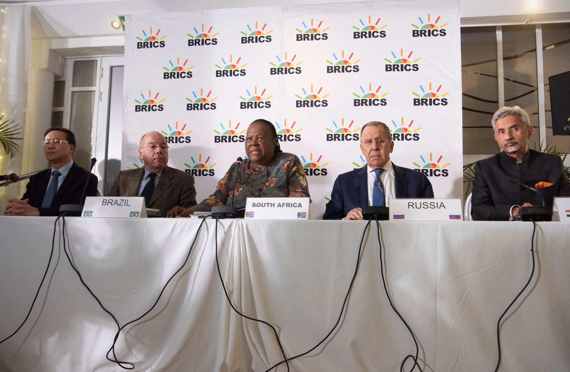 From left to right, foreign officials from China, Brazil, South Africa, Russia and India (the five BRICS countries) hold a press conference in Cape Town on June 1, 2023, ahead of the bloc's summit in August. 
